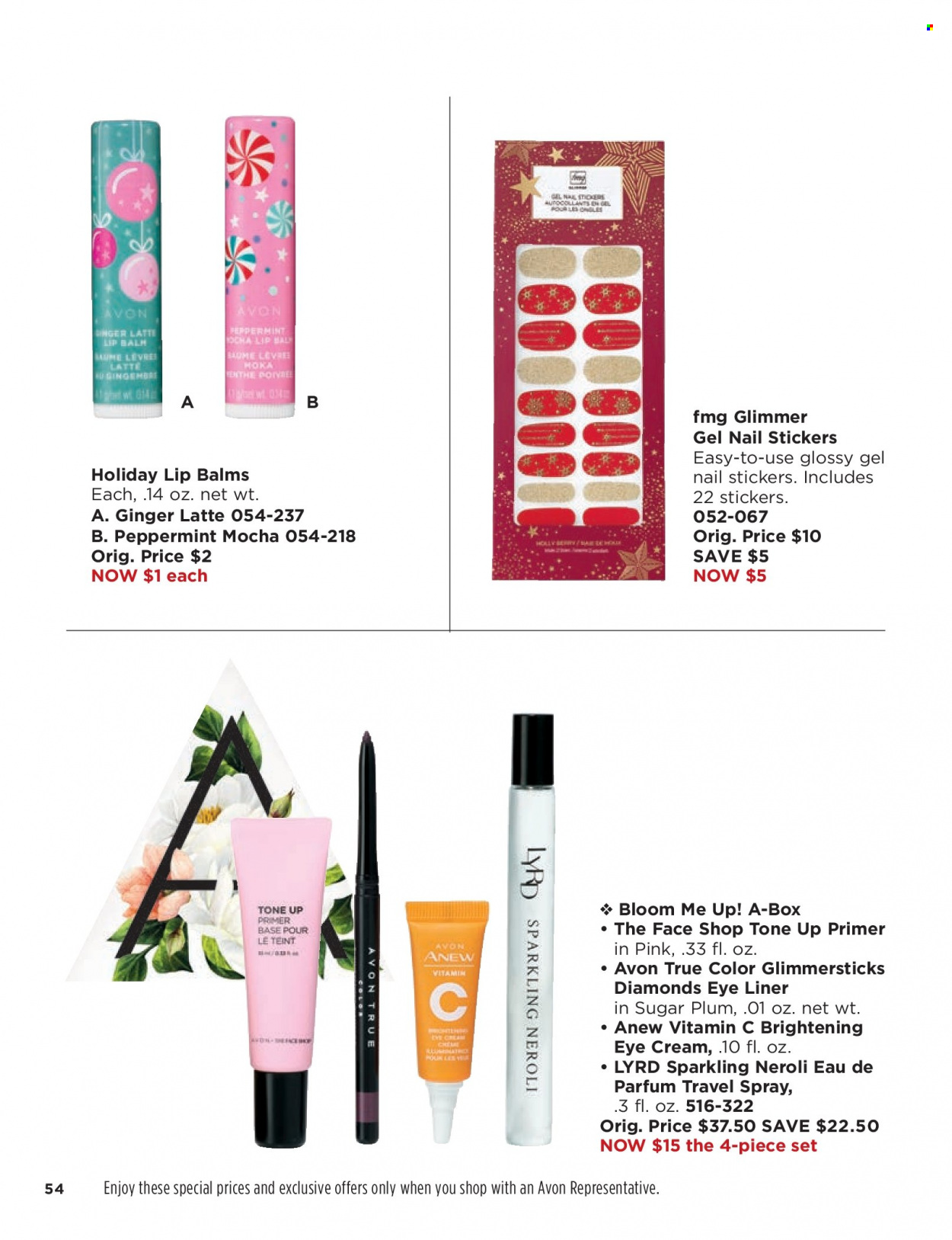thumbnail - Avon Flyer - 08/03/2022 - 08/16/2022 - Sales products - Avon, Anew, lip balm, True Color, eye cream, eau de parfum, travel spray, sticker, glimmerstick, eyeliner. Page 54.