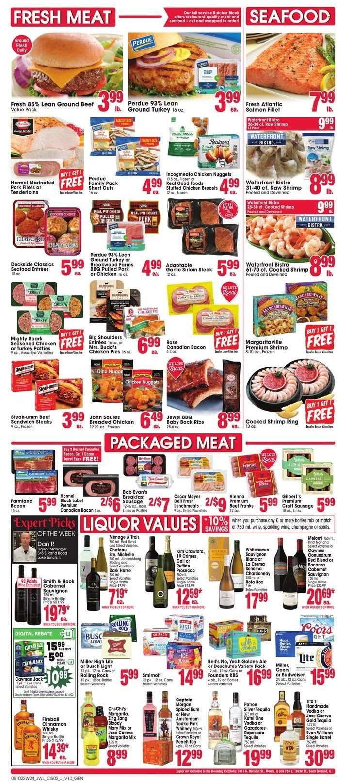thumbnail - Jewel Osco Flyer - 08/10/2022 - 08/16/2022 - Sales products - garlic, salmon, salmon fillet, seafood, shrimps, nuggets, chicken nuggets, chicken pies, Perdue®, pulled pork, pulled chicken, Hormel, stuffed chicken, bacon, canadian bacon, Oscar Mayer, sausage, Gilbert’s, lunch meat, eggs, seltzer water, Margarita Mix, tea, Cabernet Sauvignon, red wine, Riesling, sparkling wine, white wine, prosecco, Chardonnay, wine, Pinot Noir, Sauvignon Blanc, rosé wine, Captain Morgan, rum, Smirnoff, spiced rum, tequila, vodka, cinnamon whisky, whisky, beer, Busch, Miller, ground turkey, beef meat, beef sirloin, ground beef, steak, sirloin steak, pork meat, pork ribs, pork back ribs, hook, Budweiser, Coors. Page 2.