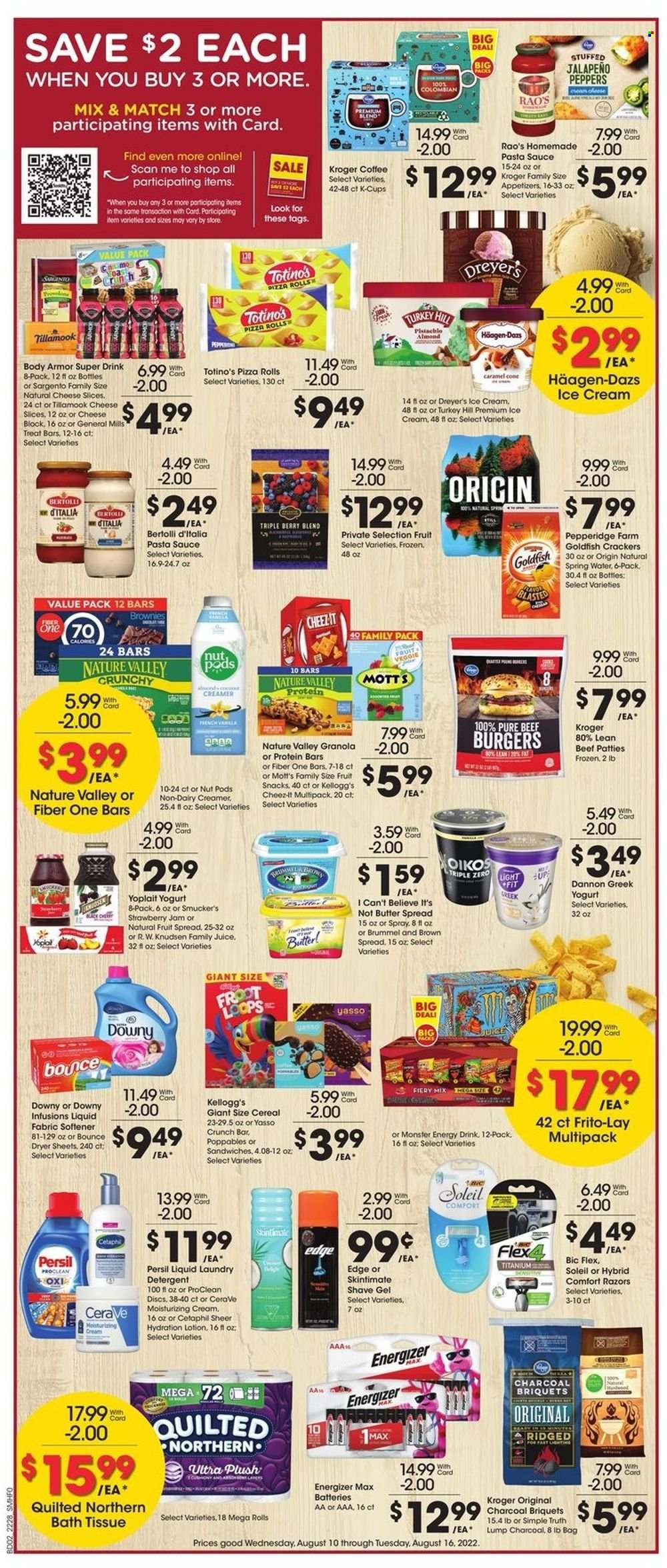 thumbnail - Smith's Flyer - 08/10/2022 - 08/16/2022 - Sales products - pizza rolls, brownies, jalapeño, Mott's, pizza, pasta sauce, sandwich, hamburger, sauce, beef burger, Bertolli, sliced cheese, Sargento, greek yoghurt, yoghurt, Oikos, Yoplait, Dannon, butter, I Can't Believe It's Not Butter, non dairy creamer, creamer, ice cream, Häagen-Dazs, crackers, Kellogg's, fruit snack, Goldfish, Frito-Lay, Cheez-It, strawberry jam, cereals, granola, protein bar, Nature Valley, Fiber One, fruit jam, juice, Body Armor, energy drink, Monster, Monster Energy, spring water, coffee, coffee capsules, K-Cups, beef meat, bath tissue, Quilted Northern, detergent, Persil, fabric softener, laundry detergent, Bounce, dryer sheets, Downy Laundry, CeraVe, body lotion, BIC, shave gel, battery, Energizer, briquettes. Page 2.
