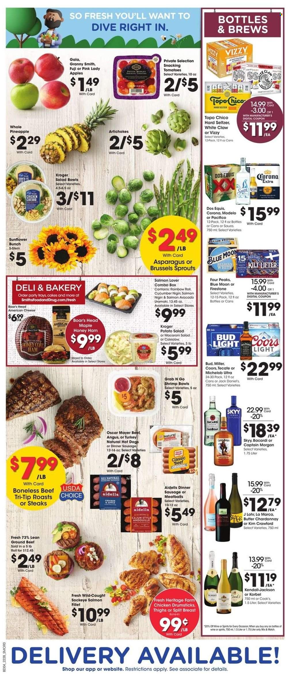 thumbnail - Smith's Flyer - 08/10/2022 - 08/16/2022 - Sales products - cake, artichoke, asparagus, tomatoes, brussel sprouts, apples, avocado, Gala, pineapple, Granny Smith, Pink Lady, salmon, salmon fillet, shrimps, coleslaw, hot dog, Jack Daniel's, meatballs, ham, Cook's, Oscar Mayer, sausage, potato salad, macaroni salad, american cheese, cheese, butter, white wine, Chardonnay, wine, Bacardi, Captain Morgan, vodka, SKYY, White Claw, Hard Seltzer, beer, Bud Light, Corona Extra, Miller, Modelo, chicken drumsticks, beef meat, ground beef, steak, salad bowl, Coors, Dos Equis, Blue Moon, Michelob. Page 3.