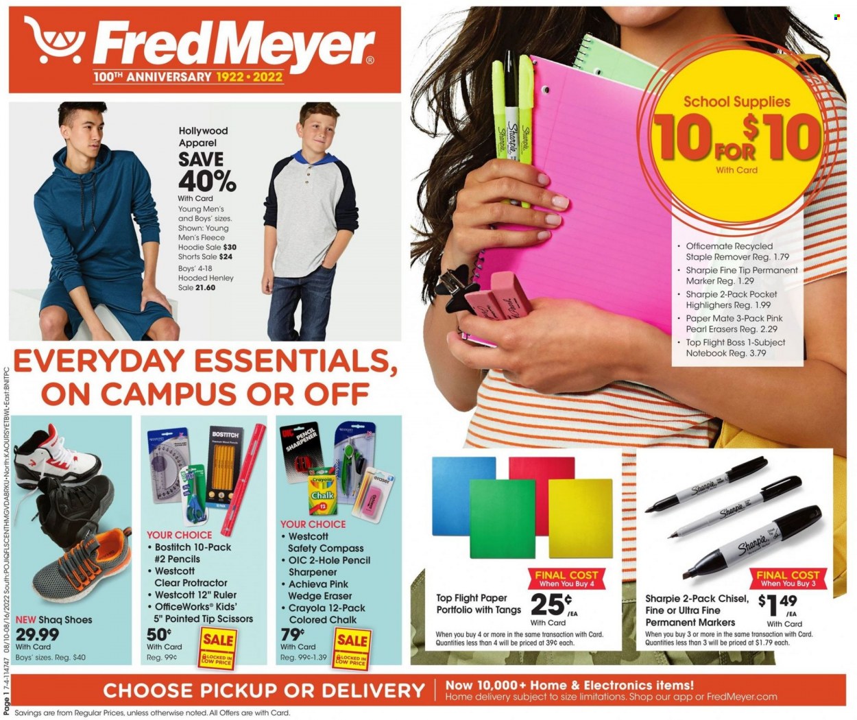 thumbnail - Fred Meyer Flyer - 08/10/2022 - 08/16/2022 - Sales products - shoes, sharpener, crayons, scissors, marker, eraser, paper, ruler, Paper Mate, Sharpie, hoodie, shorts. Page 1.