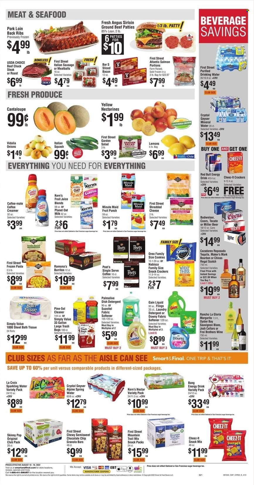thumbnail - Smart & Final Flyer - 08/10/2022 - 08/16/2022 - Sales products - cantaloupe, onion, salad, guava, salmon, oysters, seafood, ravioli, meatballs, burrito, bacon, sausage, italian sausage, shredded cheese, Oreo, Coffee-Mate, milk, oat milk, creamer, cookies, snack, crackers, Thins, Cheez-It, Skinny Pop, sugar, granola bar, trail mix, juice, fruit juice, energy drink, Red Bull, Kern's, fruit punch, mineral water, spring water, sparkling water, Ciro, Keurig, white wine, wine, Sauvignon Blanc, tequila, Chivas Regal, beer, Bud Light, Miller, beef meat, ground beef, steak, chuck steak, pork loin, pork meat, bath tissue, Gain, fabric softener, laundry detergent, Downy Laundry, dishwasher cleaner, Budweiser, nectarines, Coors, lemons. Page 2.