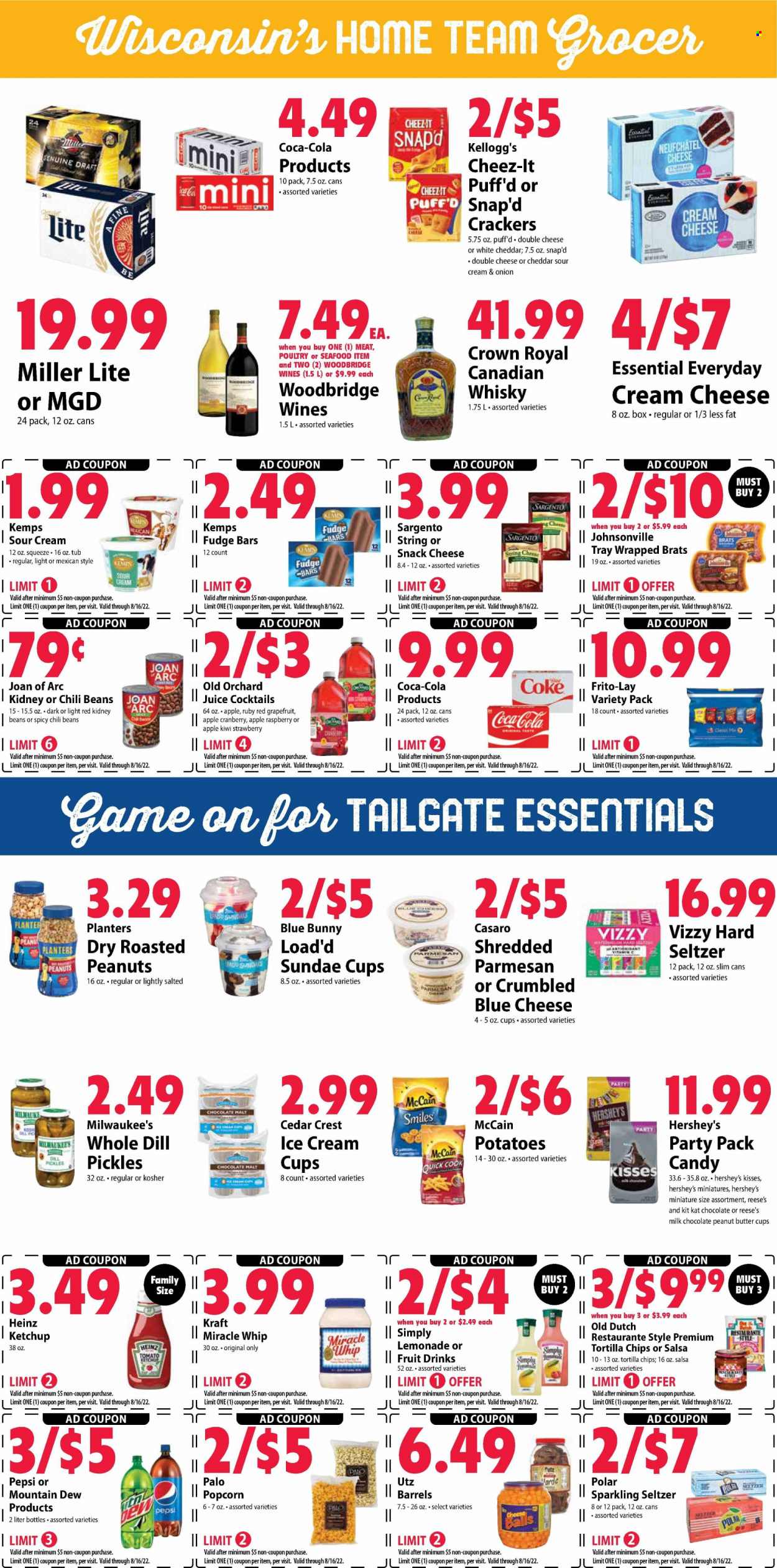 thumbnail - Festival Foods Flyer - 08/10/2022 - 08/16/2022 - Sales products - beans, potatoes, kiwi, seafood, Kraft®, Johnsonville, blue cheese, cream cheese, Neufchâtel, parmesan, Kemps, Sargento, Miracle Whip, ice cream, Reese's, Hershey's, Blue Bunny, McCain, fudge, milk chocolate, KitKat, crackers, Kellogg's, peanut butter cups, tortilla chips, chips, popcorn, Frito-Lay, Cheez-It, Heinz, kidney beans, pickles, chili beans, dill, ketchup, salsa, roasted peanuts, peanuts, Planters, Coca-Cola, lemonade, Mountain Dew, Pepsi, juice, Woodbridge, canadian whisky, Hard Seltzer, whisky, beer, Crest, vitamin c, Miller Lite. Page 5.