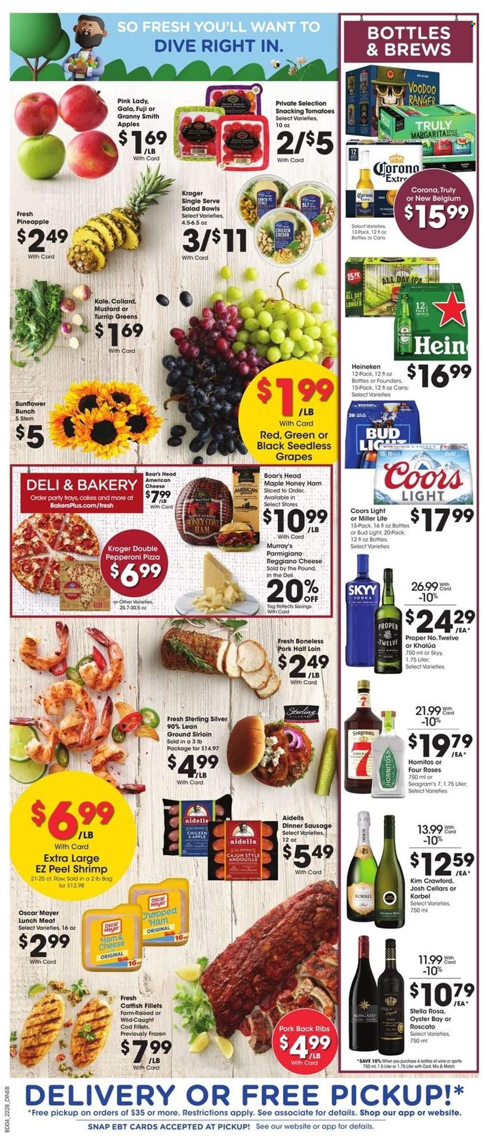 thumbnail - Baker's Flyer - 08/10/2022 - 08/16/2022 - Sales products - cake, kale, apples, Gala, grapes, seedless grapes, pineapple, Granny Smith, Pink Lady, catfish, cod, oysters, shrimps, pizza, ham, Oscar Mayer, sausage, pepperoni, lunch meat, american cheese, Parmigiano Reggiano, mustard, wine, vodka, SKYY, TRULY, beer, Bud Light, Corona Extra, Heineken, IPA, pork meat, pork ribs, pork back ribs, salad bowl, sunflower, Miller Lite, Coors. Page 3.