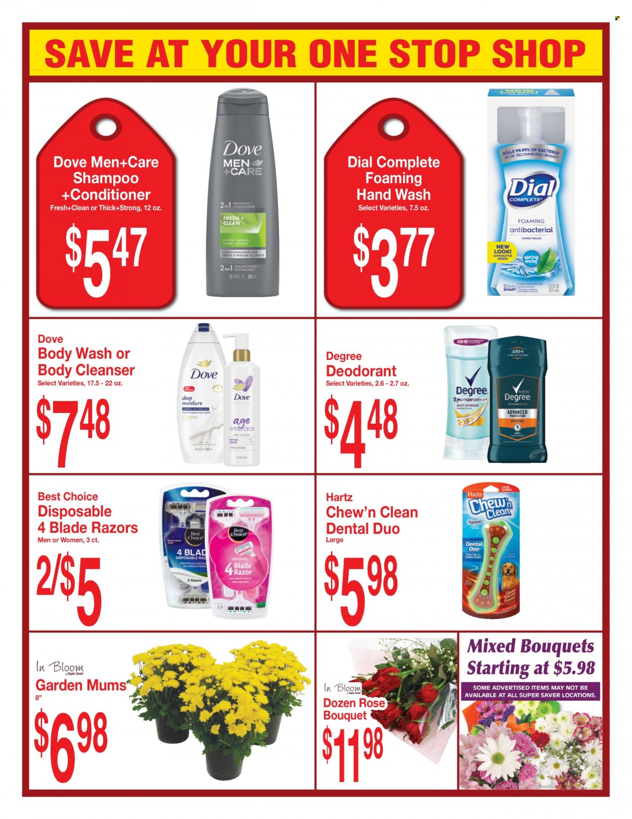 thumbnail - Super Saver Flyer - 08/10/2022 - 09/06/2022 - Sales products - Dove, spring water, wine, rosé wine, body wash, shampoo, hand wash, antibacterial hand wash, Dial, cleanser, serum, conditioner, anti-perspirant, deodorant, bouquet, rose. Page 3.