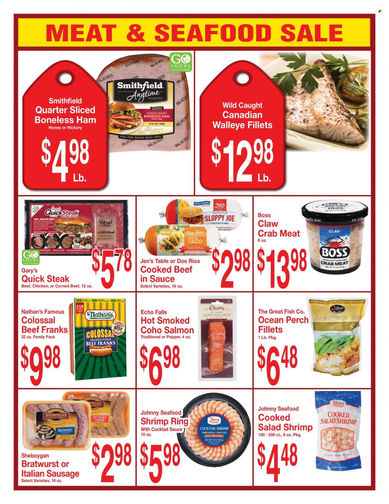 thumbnail - Super Saver Flyer - 08/10/2022 - 09/06/2022 - Sales products - salad, crab meat, salmon, perch, seafood, crab, fish, shrimps, walleye, ham, bratwurst, sausage, italian sausage, corned beef, spice, cocktail sauce, taco sauce, beef meat, steak. Page 6.
