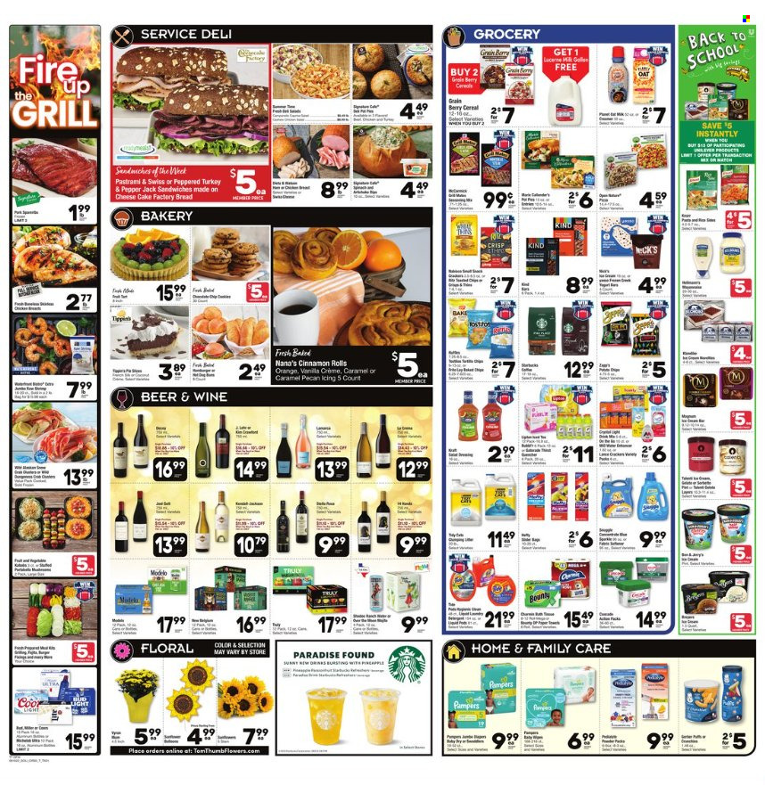 thumbnail - Tom Thumb Flyer - 08/10/2022 - 08/16/2022 - Sales products - bread, cake, cinnamon roll, cheesecake, pineapple, fish, sandwich, pastrami, Pepper Jack cheese, cheese, milk, Bounty, oats, cereals, caramel, TRULY, beer, Modelo, beef meat, Pampers, Nana. Page 3.