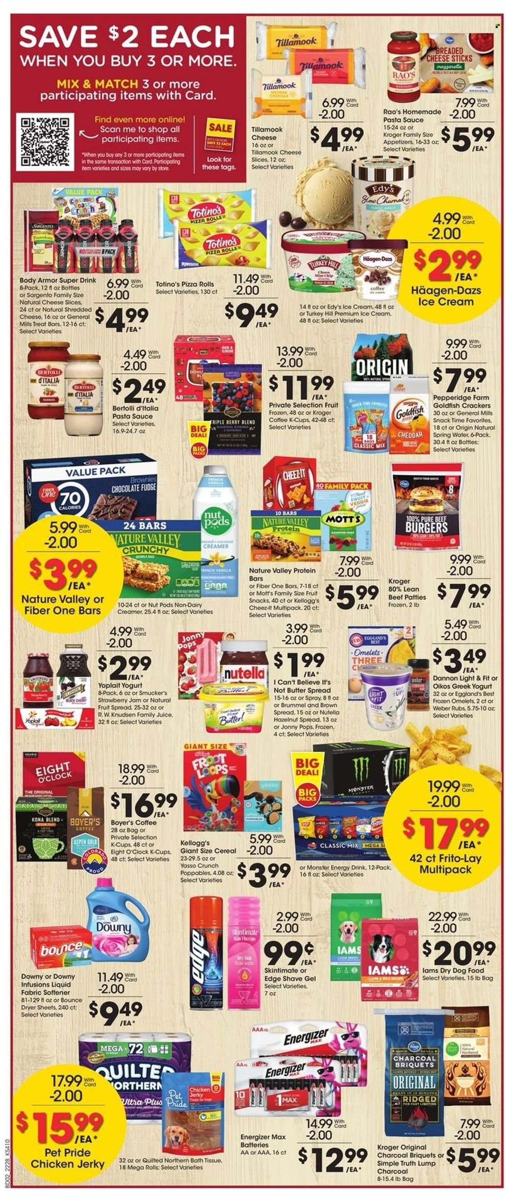 thumbnail - City Market Flyer - 08/10/2022 - 08/16/2022 - Sales products - pizza rolls, brownies, Mott's, pizza, pasta sauce, hamburger, sauce, beef burger, Bertolli, jerky, shredded cheese, sliced cheese, Sargento, greek yoghurt, yoghurt, Oikos, Yoplait, Dannon, butter, I Can't Believe It's Not Butter, non dairy creamer, creamer, ice cream, Häagen-Dazs, cheese sticks, fudge, Nutella, crackers, Kellogg's, fruit snack, Goldfish, Frito-Lay, Cheez-It, strawberry jam, cereals, protein bar, Nature Valley, Fiber One, fruit jam, hazelnut spread, juice, Body Armor, energy drink, Monster, Monster Energy, spring water, coffee, coffee capsules, K-Cups, Eight O'Clock, beef meat, bath tissue, Quilted Northern, fabric softener, Bounce, dryer sheets, Downy Laundry, shave gel, battery, Energizer, animal food, dry dog food, dog food, Iams, charcoal. Page 2.