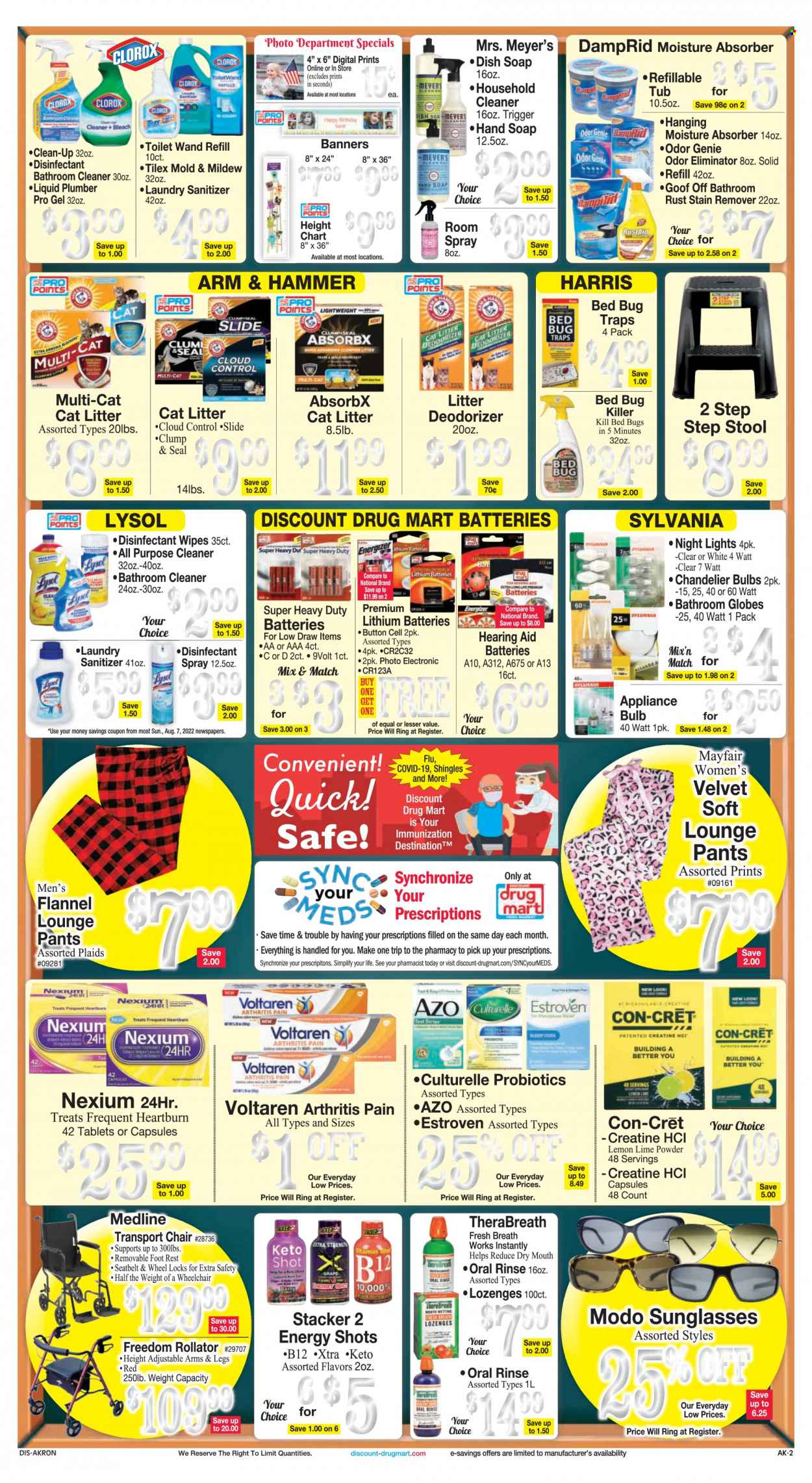 thumbnail - Discount Drug Mart Flyer - 08/10/2022 - 08/16/2022 - Sales products - ARM & HAMMER, Harris, wipes, pants, cleaner, bleach, desinfection, all purpose cleaner, stain remover, Lysol, Clorox, odor eliminator, XTRA, hand soap, soap, antibacterial spray, sticker, battery, bulb, Energizer, Sylvania, cat litter, sunglasses, Culturelle, probiotics, Nexium, rollator, transport chair. Page 2.
