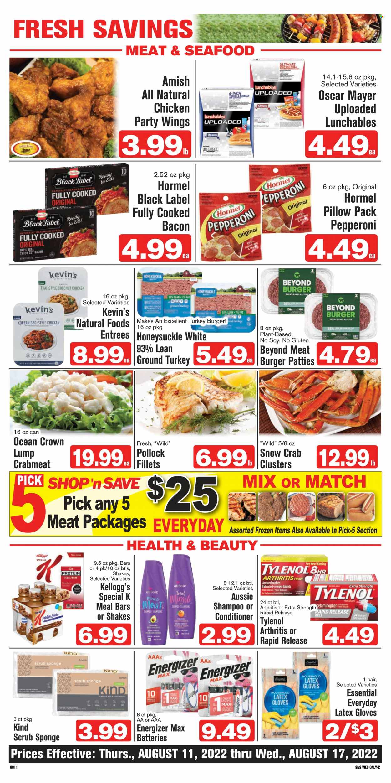 thumbnail - Shop ‘n Save Flyer - 08/11/2022 - 08/17/2022 - Sales products - ground turkey, hamburger, burger patties, turkey burger, crab meat, pollock, seafood, crab, pizza, sandwich, Lunchables, Hormel, bacon, Oscar Mayer, pepperoni, cheddar, protein drink, shake, milk chocolate, chocolate, Kellogg's, shampoo, Aussie, conditioner, Tylenol. Page 4.