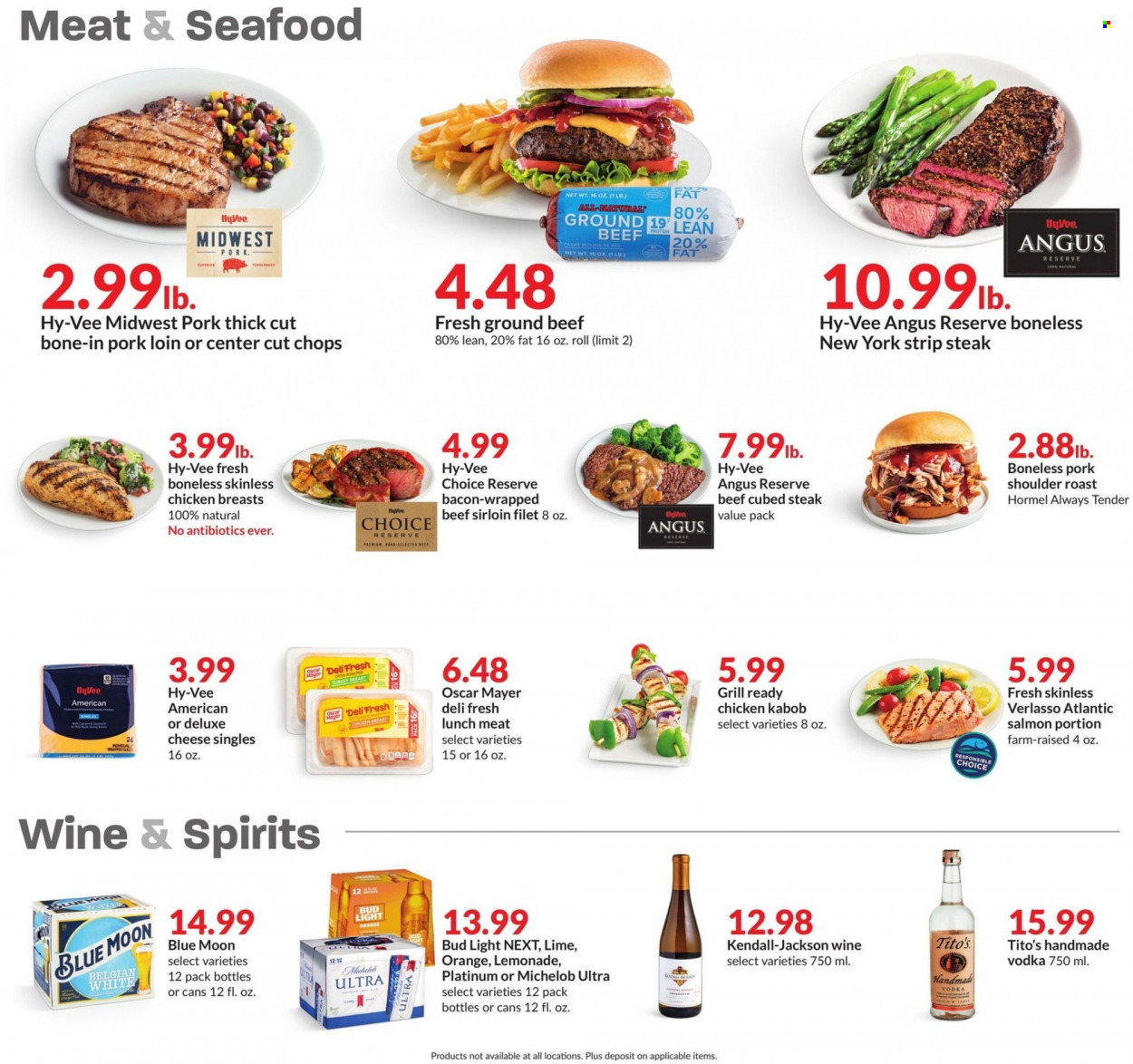 thumbnail - Hy-Vee Flyer - 08/10/2022 - 08/16/2022 - Sales products - salmon, seafood, Hormel, bacon, Oscar Mayer, lunch meat, cheese, lemonade, wine, vodka, beer, Bud Light, turkey breast, chicken breasts, beef meat, beef sirloin, ground beef, steak, sirloin steak, striploin steak, pork loin, pork meat, pork roast, pork shoulder, Blue Moon, Michelob. Page 3.