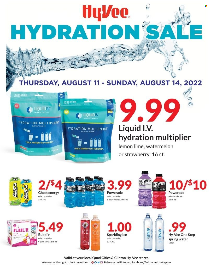thumbnail - Hy-Vee Flyer - 08/11/2022 - 08/14/2022 - Sales products - watermelon, Powerade, spring water. Page 1.