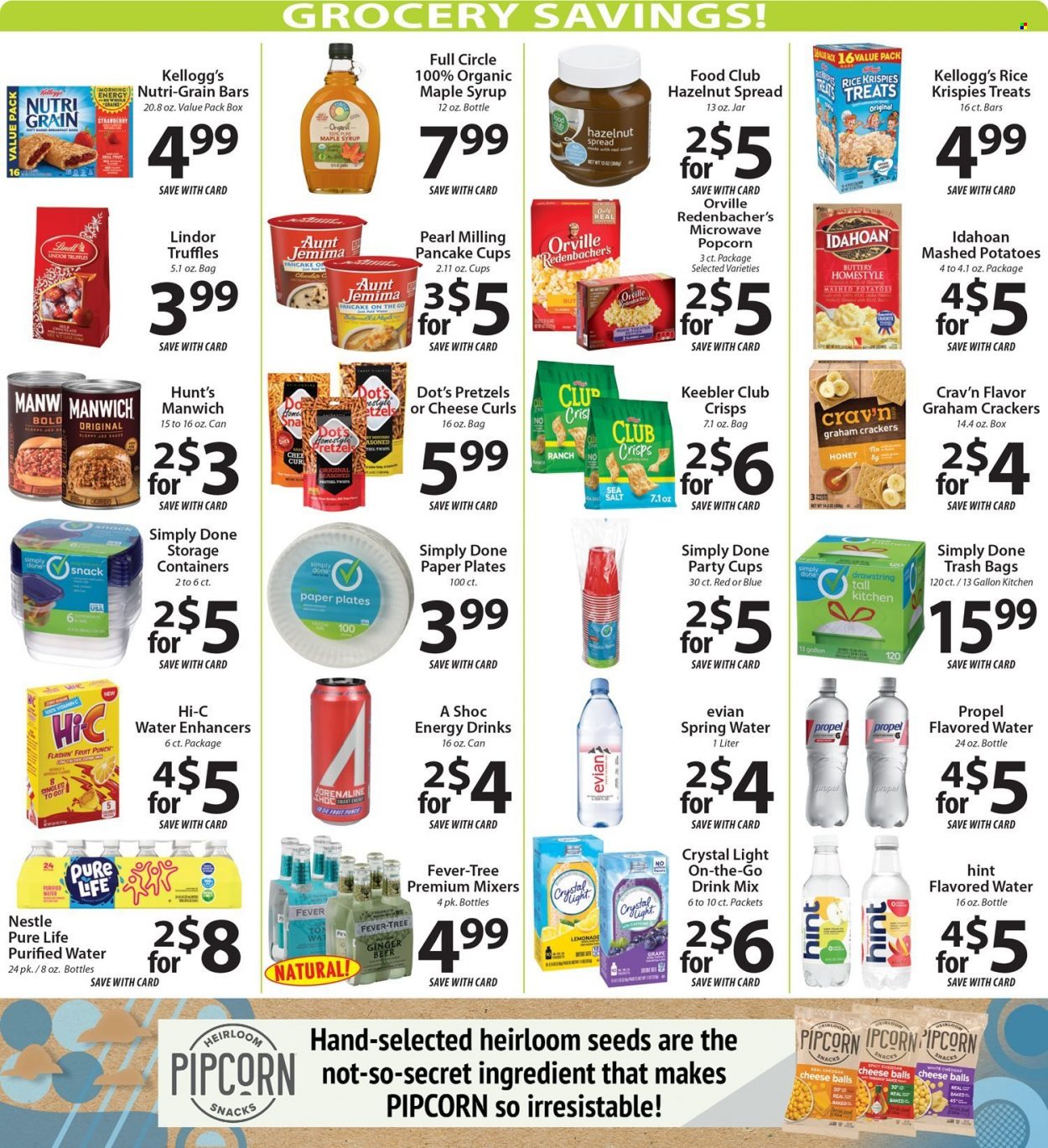 thumbnail - ACME Fresh Market Flyer - 08/11/2022 - 08/17/2022 - Sales products - pretzels, ginger, mashed potatoes, pancakes, graham crackers, Nestlé, snack, Lindor, truffles, crackers, Kellogg's, Keebler, popcorn, Manwich, Rice Krispies, Nutri-Grain, maple syrup, honey, syrup, hazelnut spread, energy drink, Hi-c, fruit punch, spring water, flavored water, purified water, Evian, trash bags. Page 6.