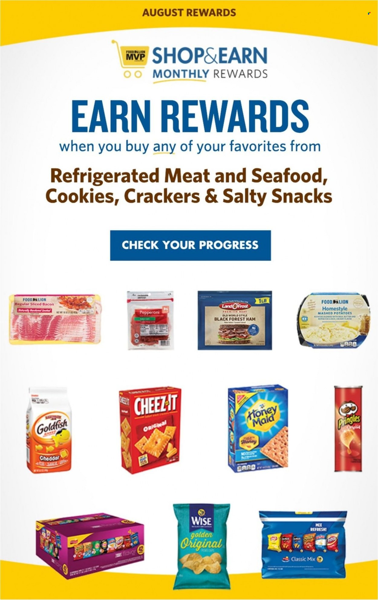 thumbnail - Food Lion Flyer - 08/10/2022 - 08/16/2022 - Sales products - seafood, mashed potatoes, bacon, ham, pepperoni, cookies, snack, crackers, Pringles, Goldfish, Honey Maid. Page 17.