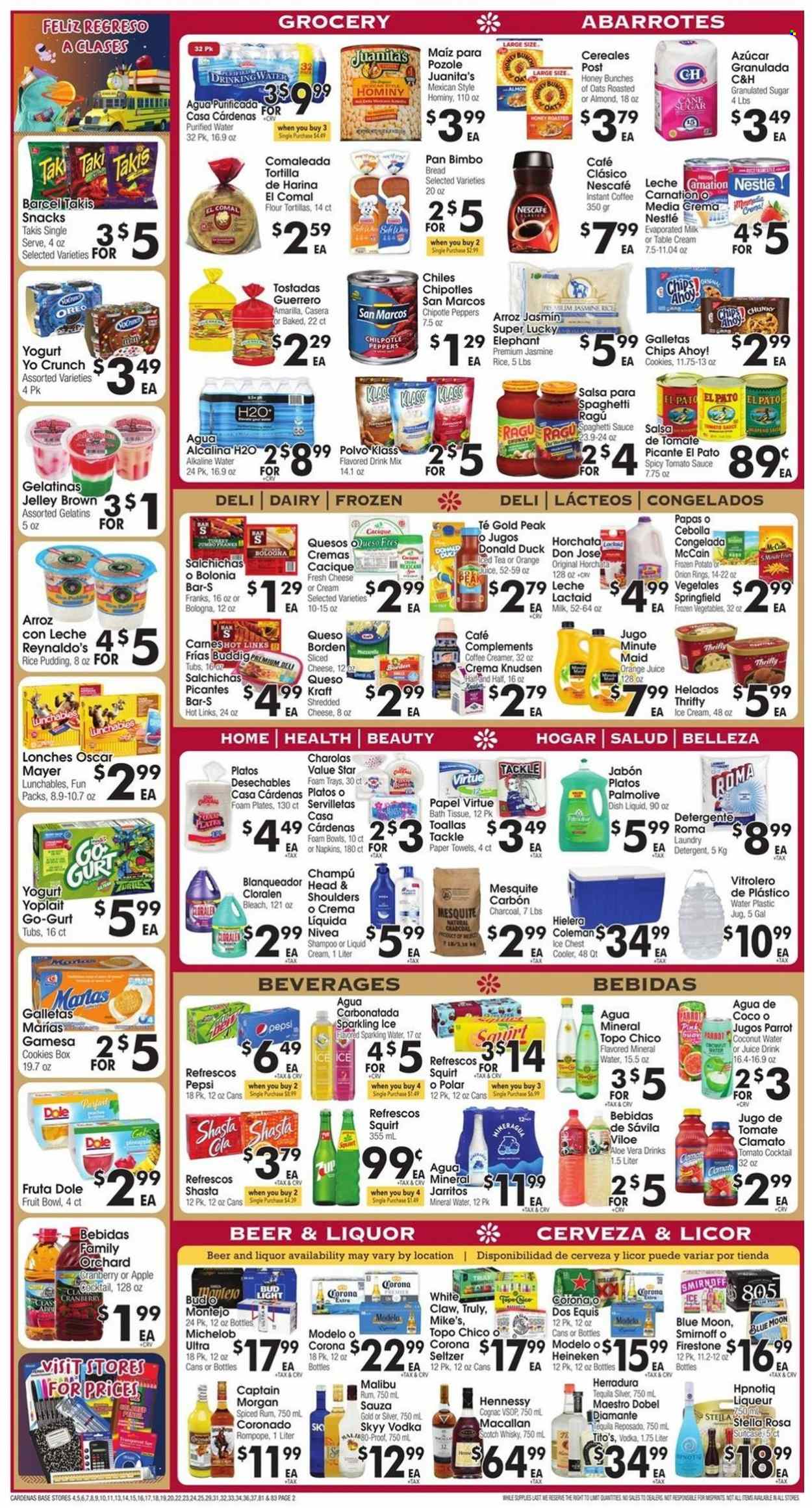 thumbnail - Cardenas Flyer - 08/10/2022 - 08/16/2022 - Sales products - bread, tortillas, tostadas, flour tortillas, Dole, peppers, pineapple, spaghetti, onion rings, sauce, Lunchables, Kraft®, spaghetti sauce, bologna sausage, Lactaid, shredded cheese, sliced cheese, Oreo, yoghurt, Yoplait, rice pudding, evaporated milk, creamer, ice cream, frozen vegetables, McCain, cookies, Nestlé, snack, Chips Ahoy!, granulated sugar, sugar, tomato sauce, jasmine rice, salsa, ragu, Pepsi, orange juice, juice, ice tea, Clamato, coconut water, fruit punch, mineral water, seltzer water, sparkling water, purified water, alkaline water, instant coffee, Nescafé, Captain Morgan, cognac, liqueur, rum, Smirnoff, spiced rum, tequila, vodka, Hennessy, liquor, SKYY, Malibu, White Claw, TRULY, scotch whisky, whisky, beer, Bud Light, Corona Extra, Heineken, Modelo, napkins, bath tissue, kitchen towels, paper towels, detergent, bleach, dishwashing liquid, shampoo, Nivea, Palmolive, plate, pan, bowl, foam plates, Dos Equis, Blue Moon, Michelob. Page 2.