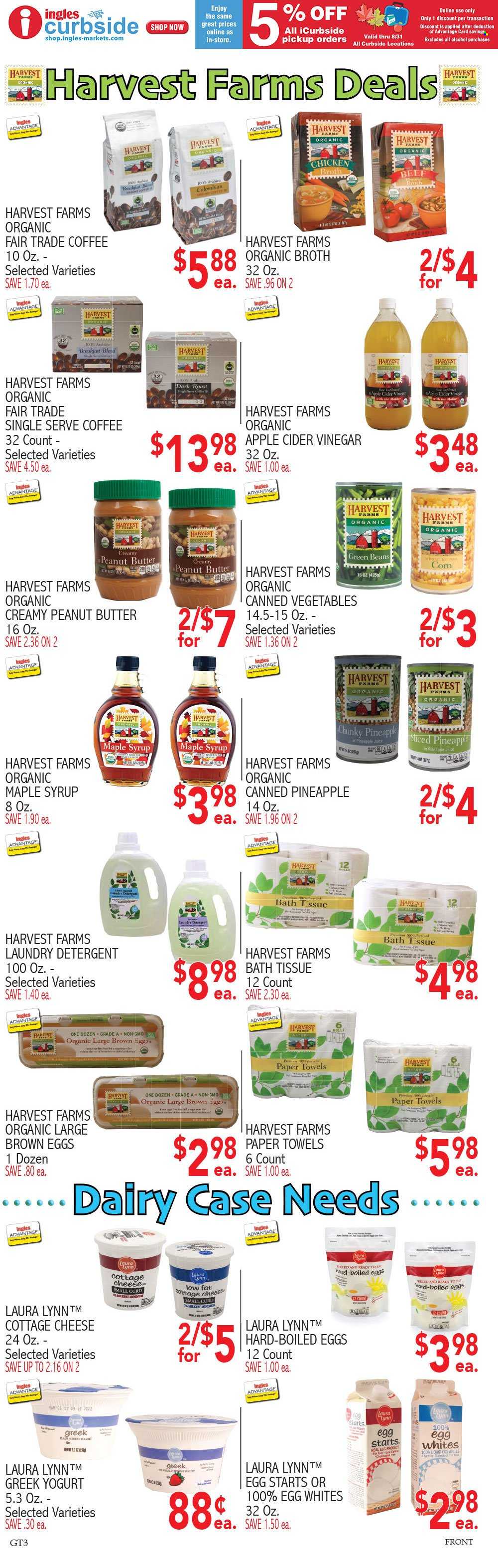 thumbnail - Ingles Flyer - 08/10/2022 - 08/16/2022 - Sales products - brownies, corn, green beans, pineapple, cottage cheese, cheese, greek yoghurt, yoghurt, eggs, beef broth, chicken broth, broth, canned vegetables, apple cider vinegar, vinegar, maple syrup, peanut butter, syrup, pineapple juice, juice, coffee, ground coffee, alcohol, bath tissue, kitchen towels, paper towels, detergent, laundry detergent. Page 7.