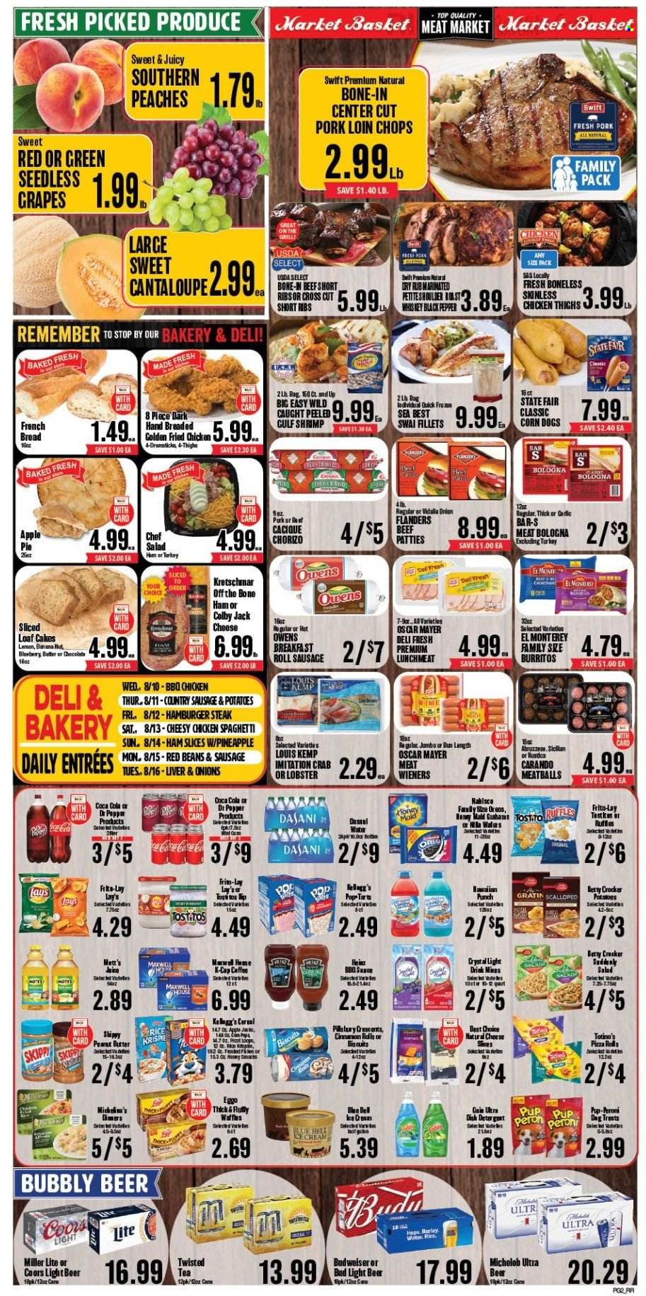thumbnail - Market Basket Flyer - 08/10/2022 - 08/16/2022 - Sales products - bread, cake, pie, pizza rolls, french bread, apple pie, waffles, cantaloupe, potatoes, onion, salad, grapes, seedless grapes, pineapple, Mott's, lobster, crab, shrimps, swai fillet, spaghetti, pizza, meatballs, hamburger, sauce, burrito, ham, chorizo, ham off the bone, Oscar Mayer, lunch meat, Colby cheese, Oreo, ice cream, Blue Bell, Kellogg's, biscuit, Pop-Tarts, Lay’s, Frito-Lay, Ruffles, red beans, Heinz, cereals, Honey Maid, cinnamon, BBQ sauce, peanut butter, Coca-Cola, juice, Dr. Pepper, Maxwell House, tea, coffee, coffee capsules, K-Cups, punch, beer, Bud Light, chicken thighs, beef ribs, steak, pork chops, pork loin, pork meat, detergent, Gain, Pup-Peroni, Budweiser, Miller Lite, Coors, Twisted Tea, Michelob, peaches. Page 2.