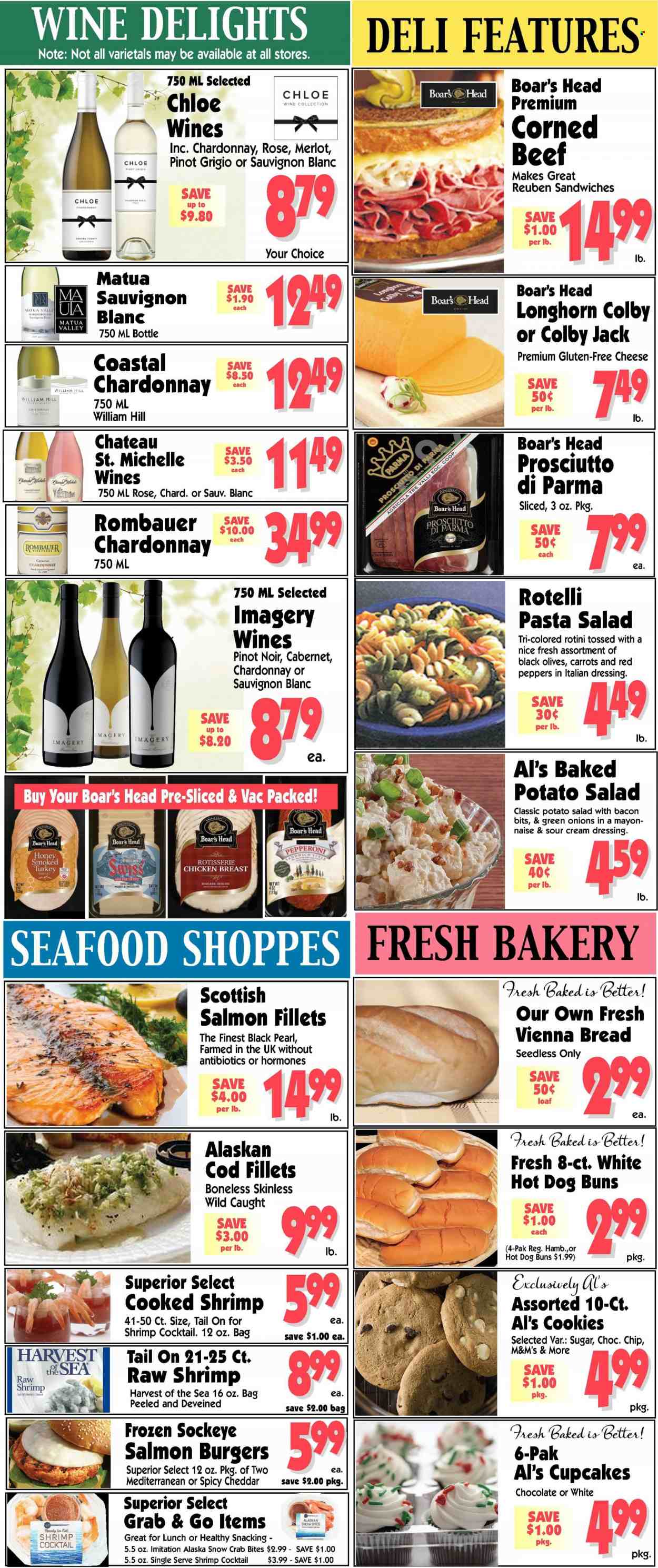 thumbnail - Al's Supermarket Flyer - 08/10/2022 - 08/16/2022 - Sales products - bread, buns, cupcake, carrots, salad, peppers, red peppers, cod, salmon, salmon fillet, seafood, crab, shrimps, sandwich, hamburger, pasta, prosciutto, bacon bits, pepperoni, potato salad, pasta salad, corned beef, Colby cheese, Longhorn cheese, cheddar, italian dressing, cookies, chocolate, M&M's, sugar, olives, dressing, honey, Cabernet Sauvignon, red wine, white wine, Chardonnay, wine, Merlot, Pinot Noir, Pinot Grigio, Sauvignon Blanc, rosé wine, chicken breasts, beef meat, chard. Page 3.