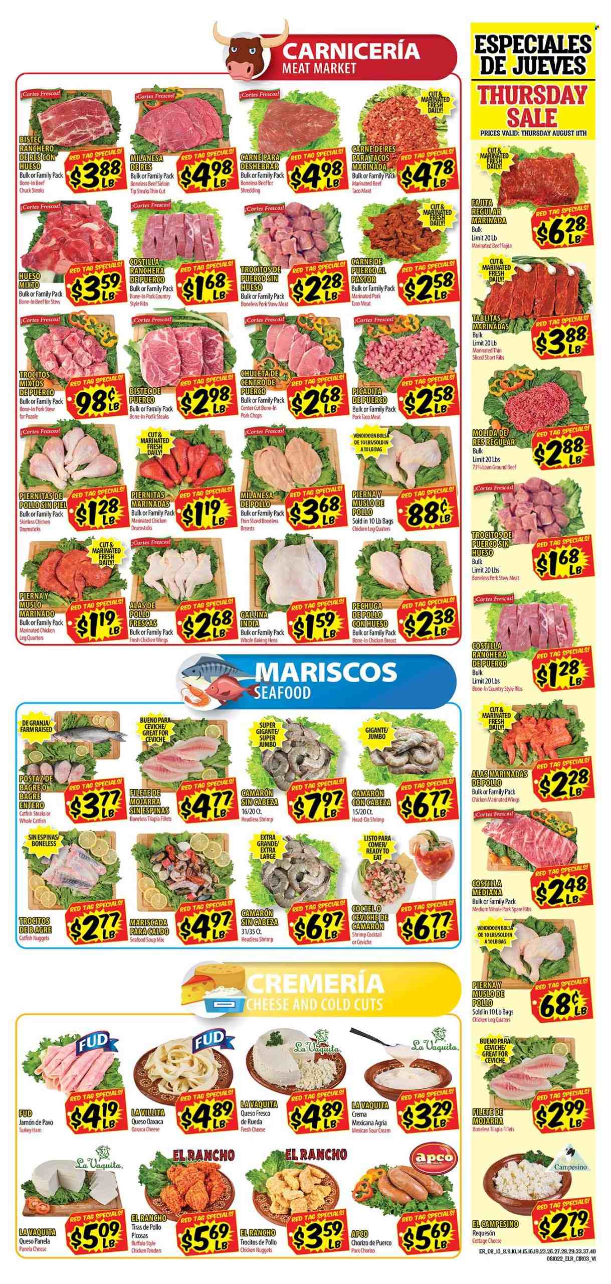 thumbnail - El Rancho Flyer - 08/10/2022 - 08/16/2022 - Sales products - stew meat, catfish, tilapia, seafood, shrimps, catfish nuggets, chicken tenders, soup mix, soup, chicken nuggets, fajita, ham, chorizo, cottage cheese, queso fresco, cheese, Panela cheese, sour cream, chicken wings, chicken breasts, chicken legs, chicken drumsticks, marinated chicken, beef meat, beef sirloin, ground beef, steak, marinated beef, pork chops, pork meat, pork ribs, pork spare ribs, marinated pork, country style ribs. Page 3.