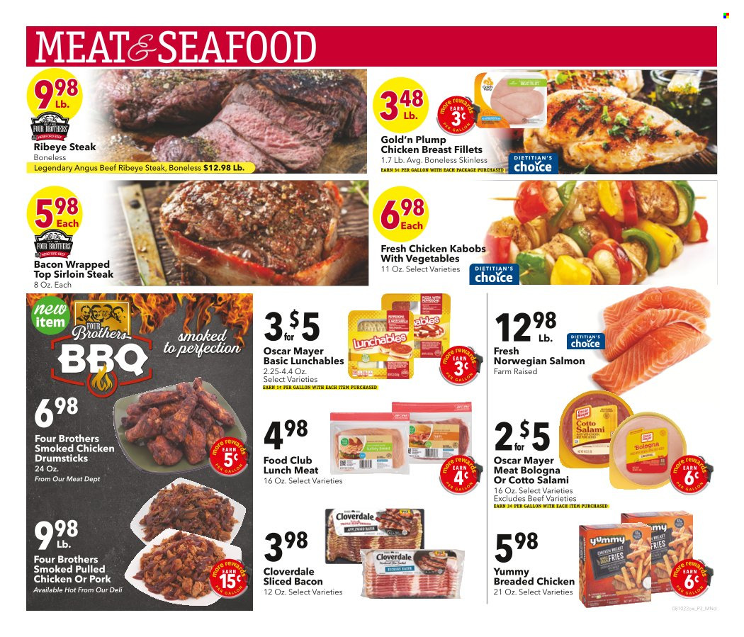 thumbnail - Cash Wise Flyer - 08/10/2022 - 08/16/2022 - Sales products - salmon, seafood, fried chicken, Lunchables, pulled chicken, Four Brothers, bacon, salami, Oscar Mayer, lunch meat, potato fries, chicken drumsticks, beef meat, beef sirloin, beef steak, steak, sirloin steak, ribeye steak. Page 3.