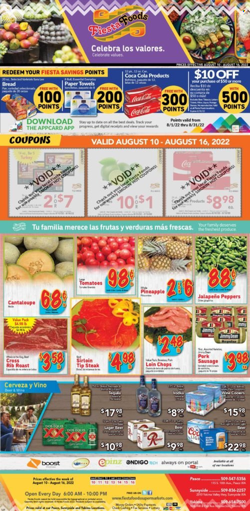 thumbnail - Fiesta Foods SuperMarkets Flyer - 08/10/2022 - 08/16/2022 - Sales products - bread, cantaloupe, tomatoes, jalapeño, pineapple, Jimmy Dean, sausage, pork sausage, Coca-Cola, Boost, wine, tequila, vodka, beer, Bud Light, Lager, steak, Dos Equis. Page 1.