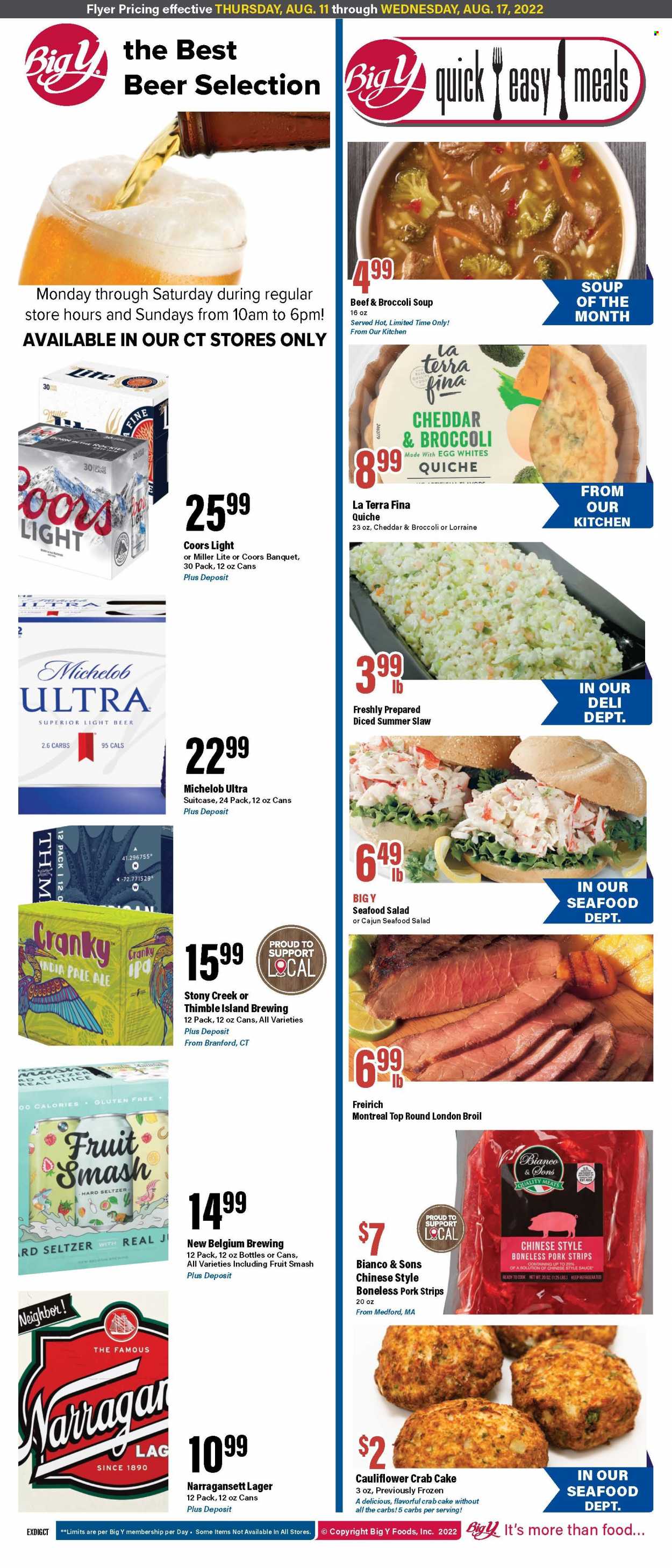thumbnail - Big Y Flyer - 08/11/2022 - 08/17/2022 - Sales products - broccoli, cauliflower, seafood, crab, soup, sauce, seafood salad, cheddar, cheese, strips, quiche, juice, Hard Seltzer, beer, Lager, Miller Lite, Coors, Michelob. Page 2.