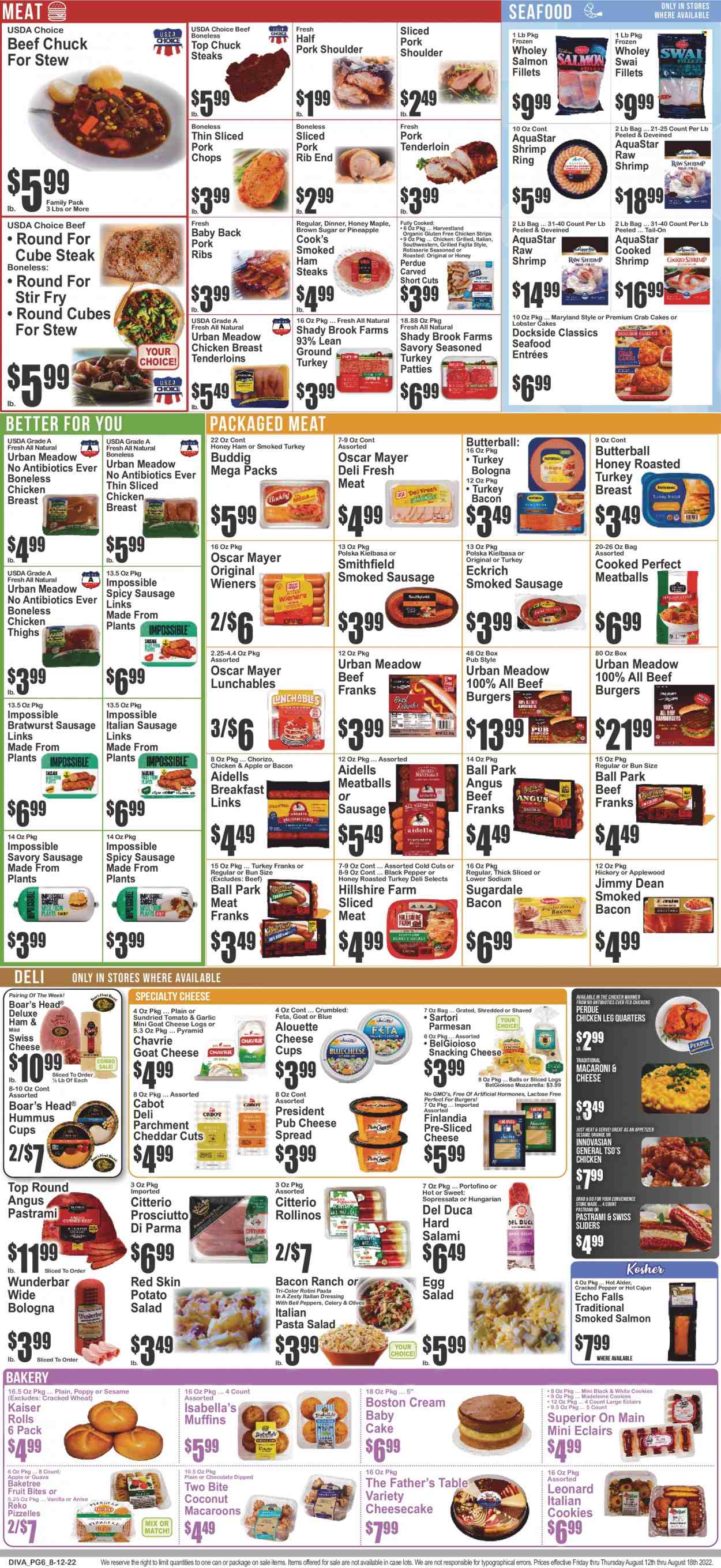 thumbnail - Key Food Flyer - 08/12/2022 - 08/18/2022 - Sales products - Father's Table, cheesecake, muffin, celery, salad, guava, oranges, lobster, salmon, salmon fillet, smoked salmon, seafood, shrimps, swai fillet, crab cake, lobster cakes, macaroni & cheese, meatballs, hamburger, pasta, fajita, beef burger, Perdue®, Lunchables, Jimmy Dean, Sugardale, bacon, Butterball, salami, turkey bacon, ham, Hillshire Farm, prosciutto, pastrami, chorizo, smoked ham, Cook's, Oscar Mayer, bratwurst, sausage, smoked sausage, italian sausage, kielbasa, hummus, cheese spread, potato salad, pasta salad, ham steaks, goat cheese, sliced cheese, swiss cheese, cheese cup, parmesan, pub cheese, Président, feta, italian dressing, strips, chicken strips, cookies, chocolate, cane sugar, olives, black pepper, dressing, ground turkey, chicken breasts, chicken legs, chicken thighs, beef meat, steak, pork meat, pork ribs, pork shoulder, pork tenderloin, pork back ribs, cup. Page 6.