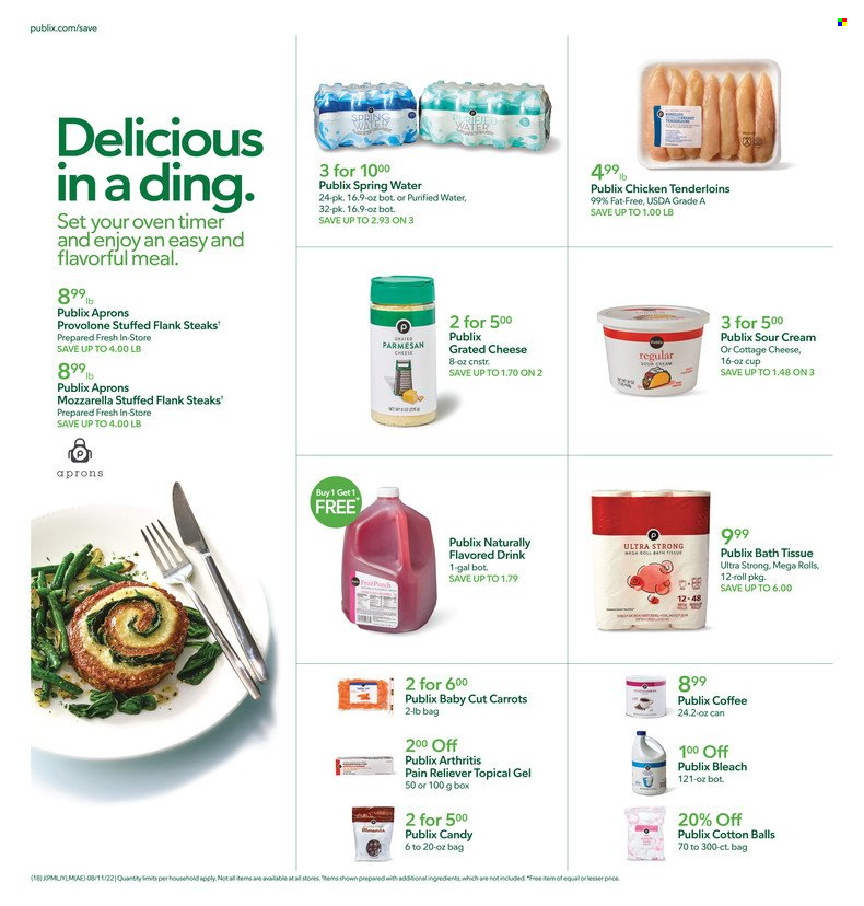 thumbnail - Publix Flyer - 08/11/2022 - 08/17/2022 - Sales products - cottage cheese, mozzarella, parmesan, cheese, grated cheese, Provolone, sour cream, spring water, purified water, coffee, steak, bath tissue, cotton balls, bleach. Page 22.