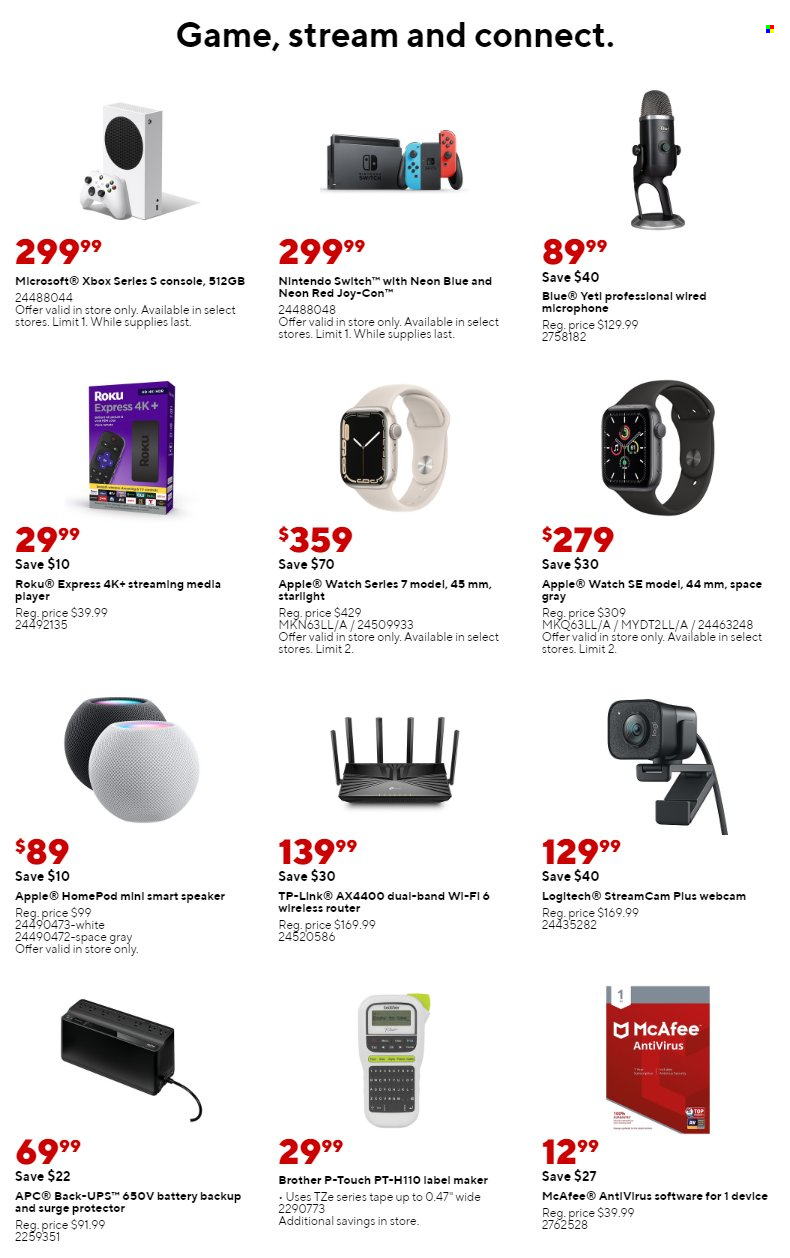 thumbnail - Staples Flyer - 08/14/2022 - 08/20/2022 - Sales products - anti-virus, Apple, Brother, tp-link, webcam, router, Apple Watch, Apple Watch SE, Logitech, microphone, streaming media player. Page 12.