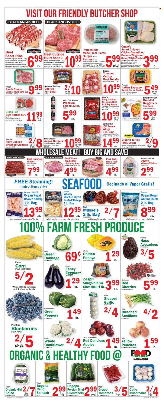 thumbnail - Food Bazaar Flyer - 08/11/2022 - 08/17/2022 - Sales products - mushrooms, cabbage, cauliflower, corn, cucumber, garlic, spinach, tomatoes, salad, peppers, eggplant, green onion, apples, blueberries, kiwi, Red Delicious apples, cherries, papaya, mussels, seafood, whiting fillets, whiting, nuggets, hamburger, sauce, fried chicken, Perdue®, salami, chorizo, sausage, italian sausage, snack, BBQ sauce, ground turkey, whole chicken, chicken drumsticks, beef meat, beef ribs, steak, burger patties, pork meat, pork ribs, pork back ribs, lamb chops, lamb meat, peaches. Page 4.