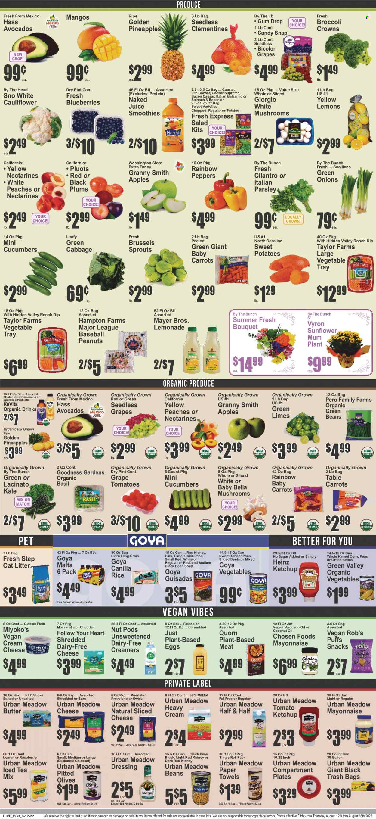 thumbnail - Food Dynasty Flyer - 08/12/2022 - 08/18/2022 - Sales products - mushrooms, puffs, beans, cabbage, carrots, corn, cucumber, green beans, sweet potato, tomatoes, kale, potatoes, parsley, salad, peppers, brussel sprouts, apples, limes, seedless grapes, pineapple, plums, Granny Smith, soup, cream cheese, mozzarella, sliced cheese, Münster cheese, Provolone, eggs, butter, mayonnaise, dip, snack, Heinz, pickles, olives, Goya, rice, cilantro, dill, ketchup, avocado oil, coconut oil, peanuts, lemonade, juice, ice tea, smoothie, kombucha, KeVita, kitchen towels, paper towels, Mum, trash bags, tray, plate, cat litter, Fresh Step, sunflower, bouquet, clementines, nectarines, Half and half, lemons, black plums, peaches. Page 3.