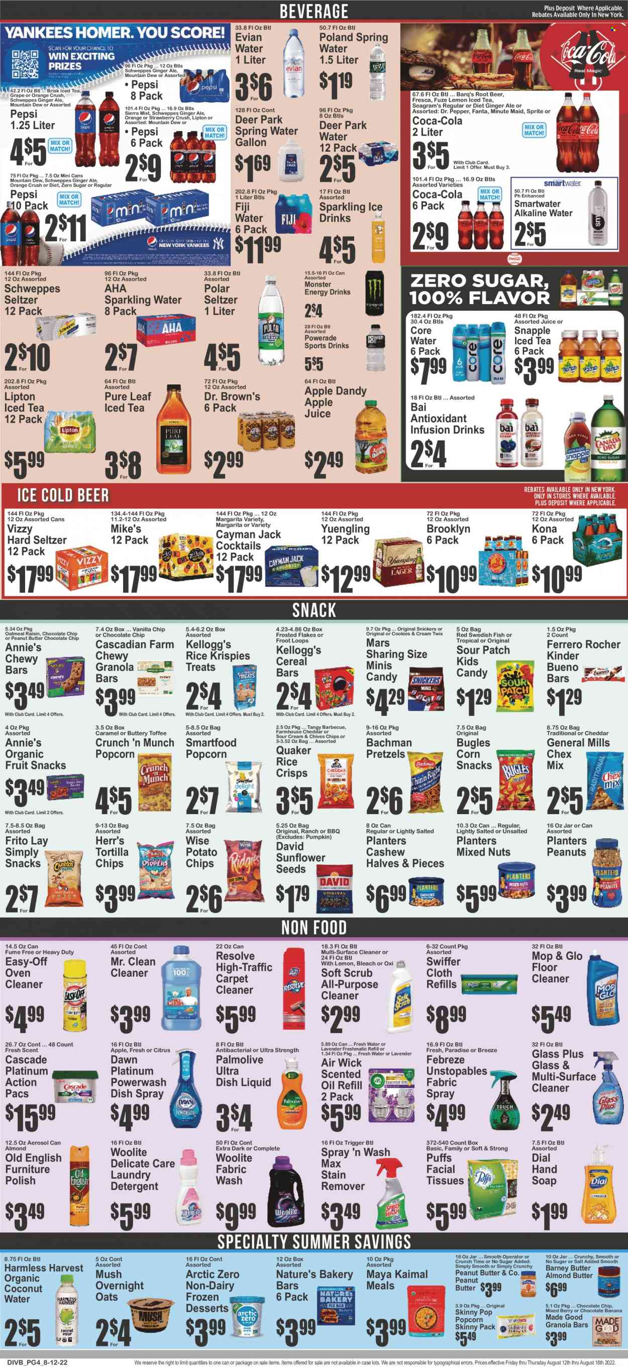 thumbnail - Food Universe Flyer - 08/12/2022 - 08/18/2022 - Sales products - pretzels, puffs, pumpkin, chives, oranges, Quaker, Annie's, cheese, almond butter, cookies, Ferrero Rocher, Snickers, Twix, Mars, toffee, cereal bar, Kellogg's, Kinder Bueno, fruit snack, Sour Patch, tortilla chips, potato chips, Smartfood, popcorn, rice crisps, Skinny Pop, Chex Mix, oatmeal, cereals, granola bar, Rice Krispies, Frosted Flakes, oil, peanuts, sunflower seeds, mixed nuts, Planters, apple juice, Coca-Cola, ginger ale, Mountain Dew, Schweppes, Sprite, Powerade, Pepsi, juice, Fanta, energy drink, Monster, Lipton, ice tea, Dr. Pepper, coconut water, Monster Energy, Snapple, Dr. Brown's, Sierra Mist, Bai, fruit punch, spring water, sparkling water, Smartwater, alkaline water, Evian, Pure Leaf, Hard Seltzer, beer, tissues, detergent, Febreze, surface cleaner, cleaner, bleach, floor cleaner, stain remover, Woolite, Swiffer, Cascade, Unstopables, laundry detergent, dishwashing liquid, hand soap, Palmolive, Dial, soap, facial tissues, polish, Air Wick, scented oil, Yuengling. Page 4.