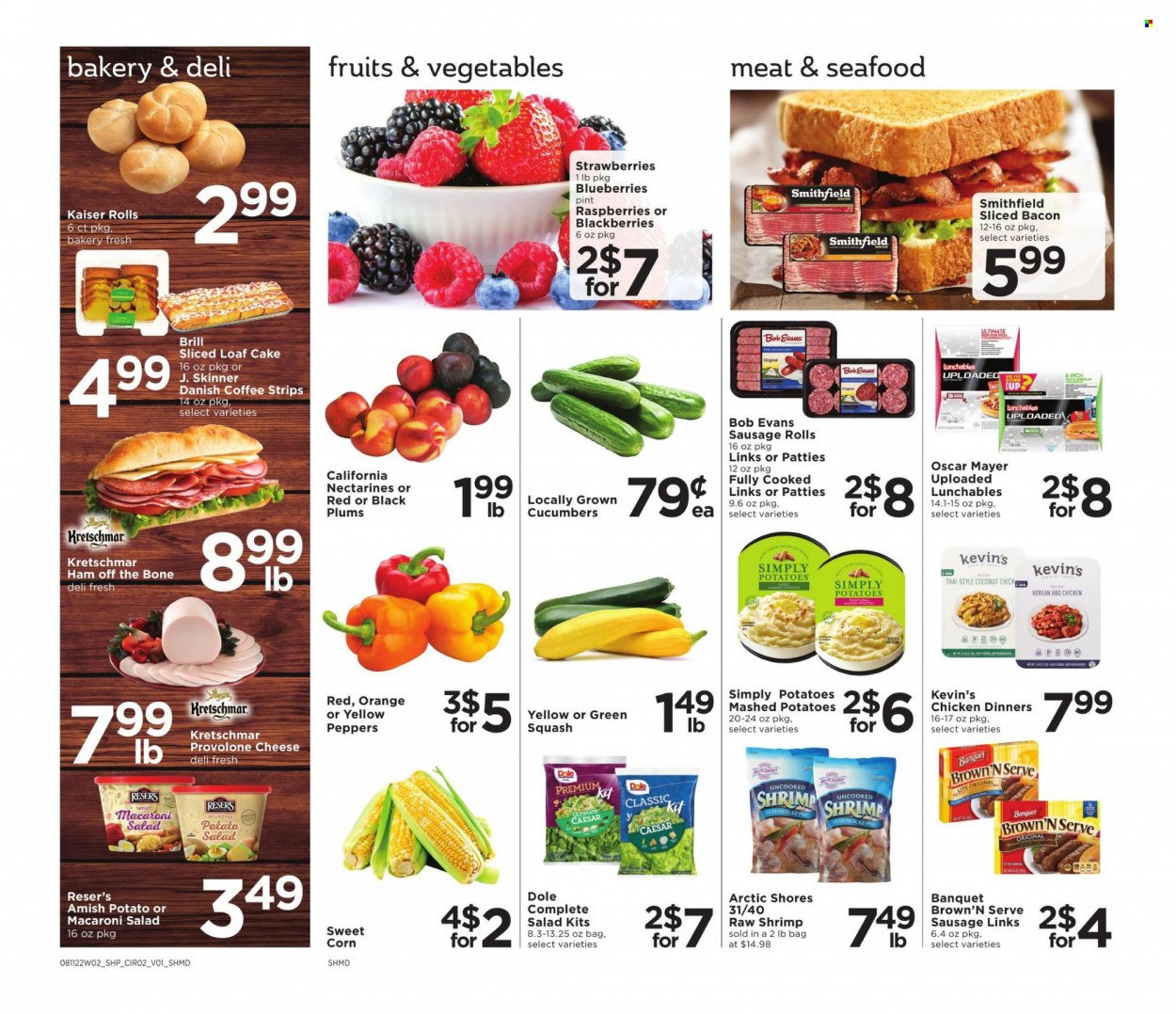 thumbnail - Shoppers Flyer - 08/11/2022 - 08/17/2022 - Sales products - sausage rolls, cake, loaf cake, corn, cucumber, zucchini, salad, Dole, peppers, sweet corn, blackberries, blueberries, strawberries, plums, oranges, coconut, seafood, shrimps, Arctic Shores, mashed potatoes, Lunchables, Bob Evans, bacon, ham, ham off the bone, Oscar Mayer, sausage, potato salad, macaroni salad, cheese, Provolone, eggs, strips, Skinner Pasta, coffee, nectarines, black plums. Page 2.