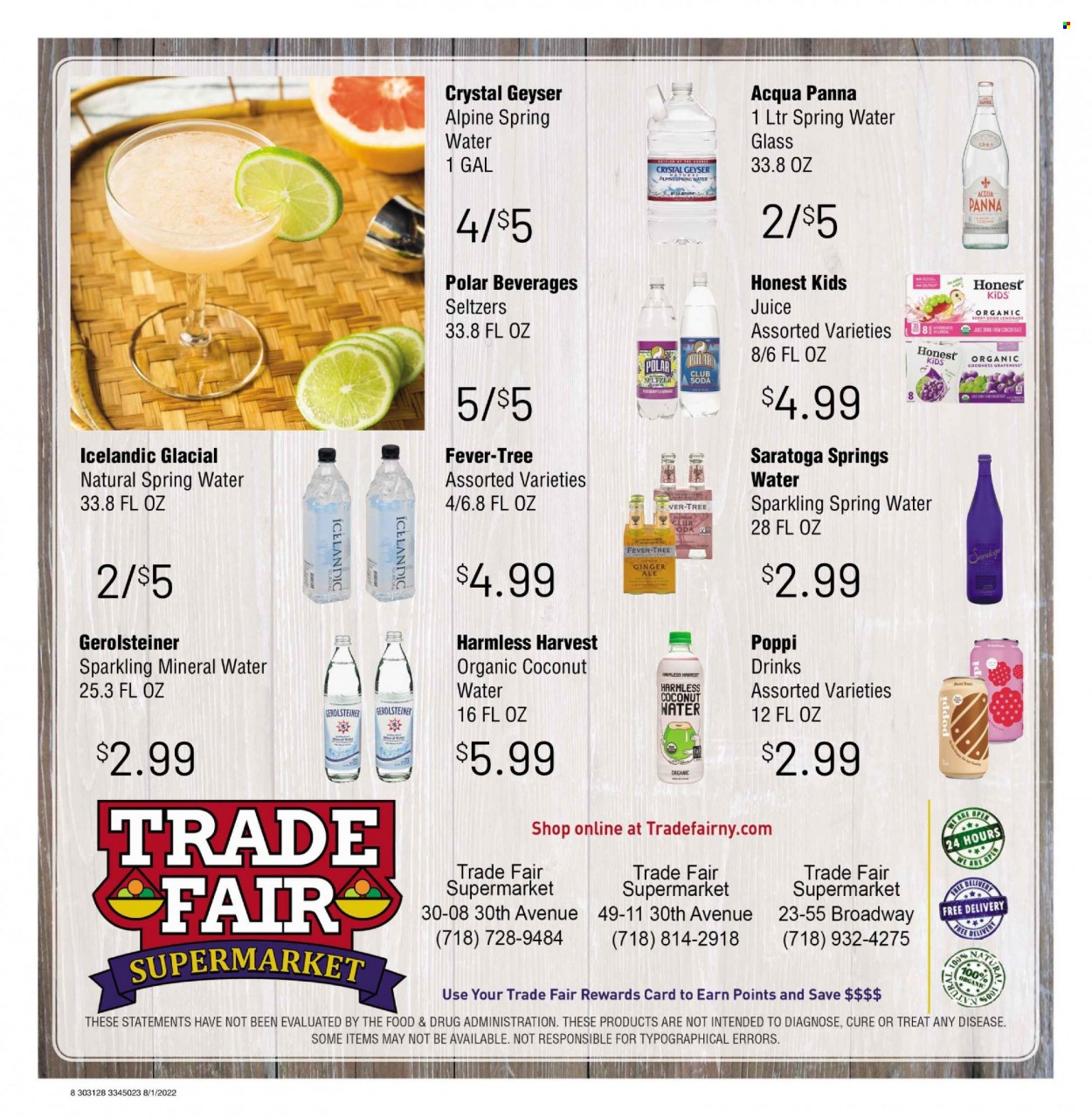 thumbnail - Trade Fair Supermarket Flyer - 08/01/2022 - 08/31/2022 - Sales products - ginger ale, lemonade, juice, coconut water, Club Soda, mineral water, seltzer water, spring water, sparkling water, beer. Page 8.