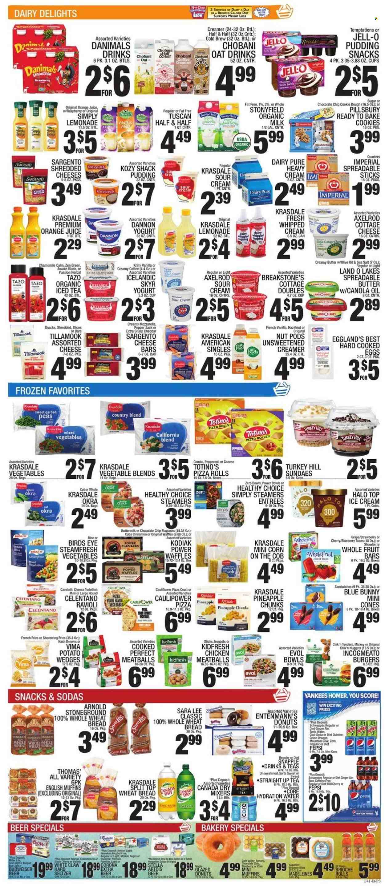 thumbnail - C-Town Flyer - 08/12/2022 - 08/18/2022 - Sales products - english muffins, wheat bread, pizza rolls, brioche, Sara Lee, brownies, donut, waffles, Entenmann's, corn, peas, pineapple, ravioli, pizza, meatballs, sandwich, nuggets, hamburger, Pillsbury, Bird's Eye, Healthy Choice, pepperoni, cottage cheese, sandwich slices, cheddar, Pepper Jack cheese, Sargento, pudding, yoghurt, Chobani, Dannon, Danimals, buttermilk, organic milk, eggs, spreadable butter, sour cream, whipped cream, creamer, ice cream, Mickey Mouse, Blue Bunny, mixed vegetables, hash browns, potato fries, potato wedges, french fries, cookie dough, cookies, snack, sugar, oats, topping, Jell-O, white rice, cinnamon, canola oil, olive oil, oil, Canada Dry, ginger ale, lemonade, Mountain Dew, Schweppes, Pepsi, orange juice, juice, ice tea, tonic, Diet Pepsi, Snapple, Club Soda, coffee, wine, rosé wine, Hard Seltzer, beer, Corona Extra, Heineken, Miller, Modelo, Budweiser, Stella Artois, Half and half, Coors. Page 3.