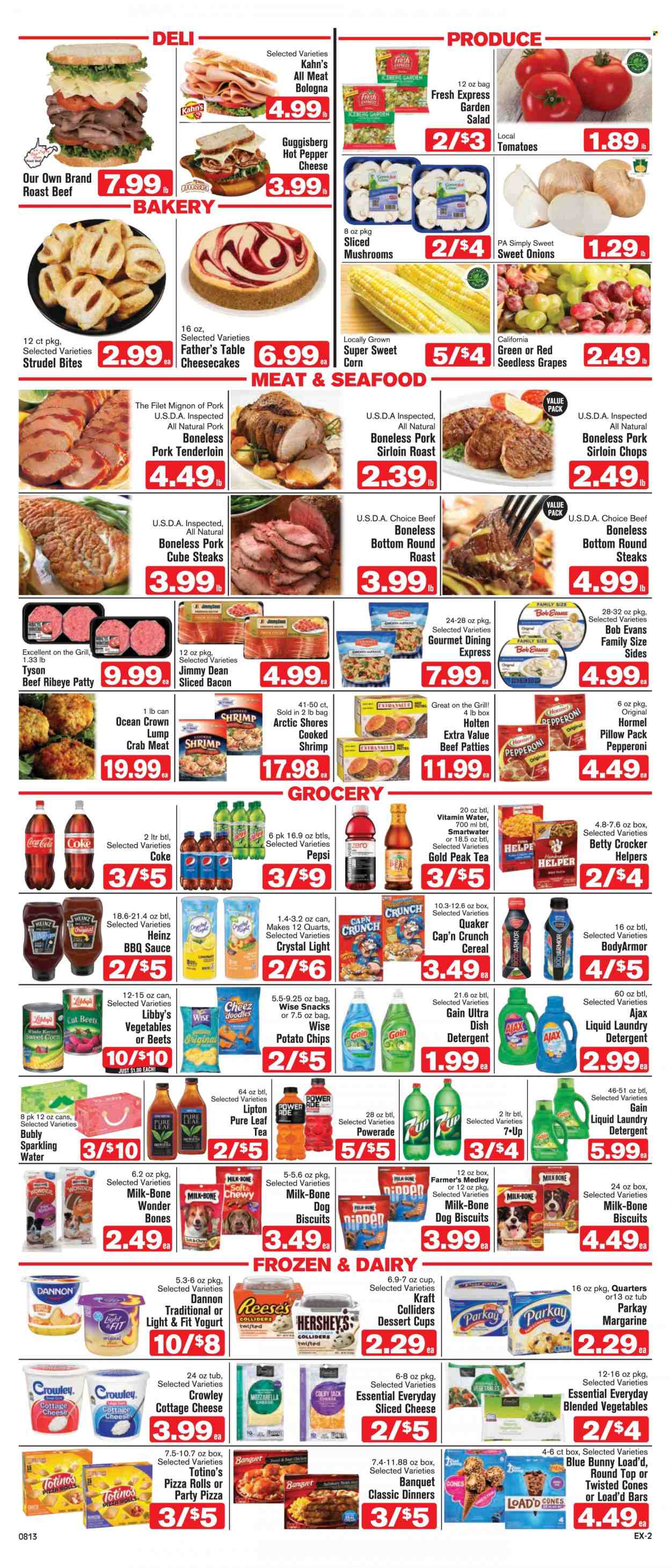 thumbnail - Shop ‘n Save Express Flyer - 08/13/2022 - 08/19/2022 - Sales products - pizza rolls, strudel, Father's Table, corn, salad, sweet corn, grapes, seedless grapes, beef meat, steak, beef tenderloin, round roast, roast beef, Bob Evans, pork loin, pork meat, pork tenderloin, crab meat, tuna, seafood, crab, shrimps, Arctic Shores, pizza, sauce, Quaker, Kraft®, Jimmy Dean, Hormel, bacon, pepperoni, Colby cheese, cottage cheese, sliced cheese, yoghurt, Dannon, milk, margarine, Reese's, Hershey's, Blue Bunny, cookies, snack, potato chips, brewer, Heinz, cereals, Cap'n Crunch, BBQ sauce, Coca-Cola, Powerade, Pepsi, Lipton, Gold Peak Tea, sparkling water, Smartwater, vitamin water, tea, Pure Leaf, detergent, Gain, Ajax, laundry detergent, dishwasher cleaner, animal treats, dog food, dog biscuits. Page 2.