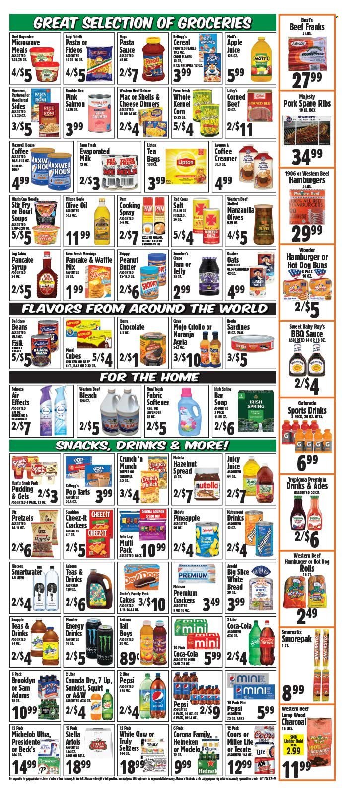 thumbnail - Western Beef Flyer - 08/11/2022 - 08/17/2022 - Sales products - bread, white bread, hot dog rolls, pretzels, buns, corn, pineapple, Mott's, beef meat, pork meat, pork ribs, pork spare ribs, salmon, sardines, pasta sauce, Bumble Bee, sauce, Quaker, noodles, Nissin, ragú pasta, pudding, evaporated milk, Sunshine, creamer, Nutella, chocolate, toffee, jelly, crackers, Kellogg's, Pop-Tarts, Cheez-It, oats, corned beef, olives, Goya, Chef Boyardee, cereals, corn flakes, Rice Krispies, Frosted Flakes, BBQ sauce, ragu, olive oil, oil, fruit jam, peanut butter, pancake syrup, syrup, apple juice, Canada Dry, Coca-Cola, Pepsi, juice, energy drink, Lipton, 7UP, AriZona, A&W, Gatorade, Smartwater, Maxwell House, tea bags, White Claw, TRULY, beer, Corona Extra, Heineken, Beck's, Febreze, bleach, fabric softener, Fab, soap bar, soap, Miller Lite, Stella Artois, Coors, Michelob. Page 3.