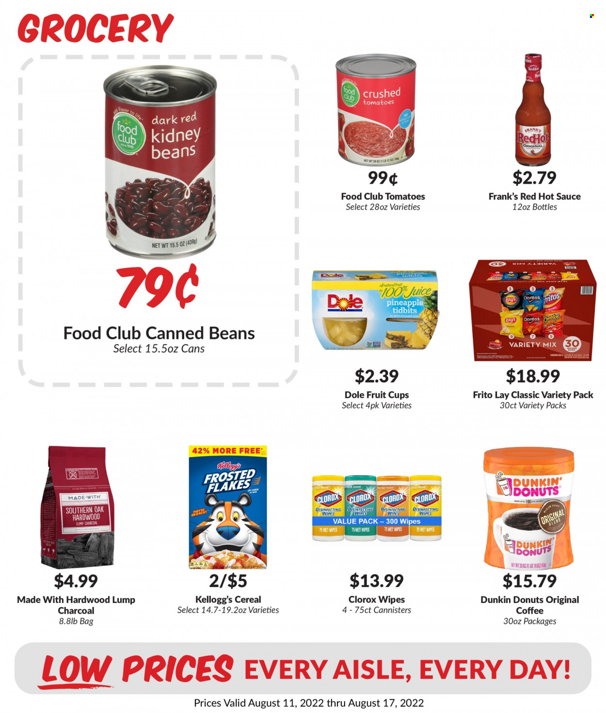 thumbnail - Woodman's Markets Flyer - 08/11/2022 - 08/17/2022 - Sales products - donut, tomatoes, Dole, pineapple, fruit cup, sauce, Kellogg's, Doritos, Fritos, Cheetos, Lay’s, kidney beans, cereals, Frosted Flakes, hot sauce, pineapple juice, juice, coffee, wipes, Clorox. Page 4.