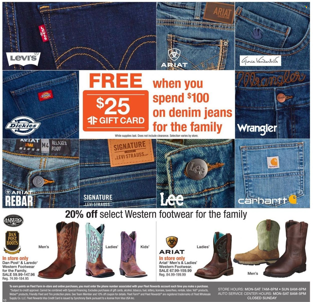 thumbnail - Fleet Farm Flyer - 08/12/2022 - 08/20/2022 - Sales products - boots, western boots, Lee, Levi's, jeans, Denim, Dickies. Page 10.