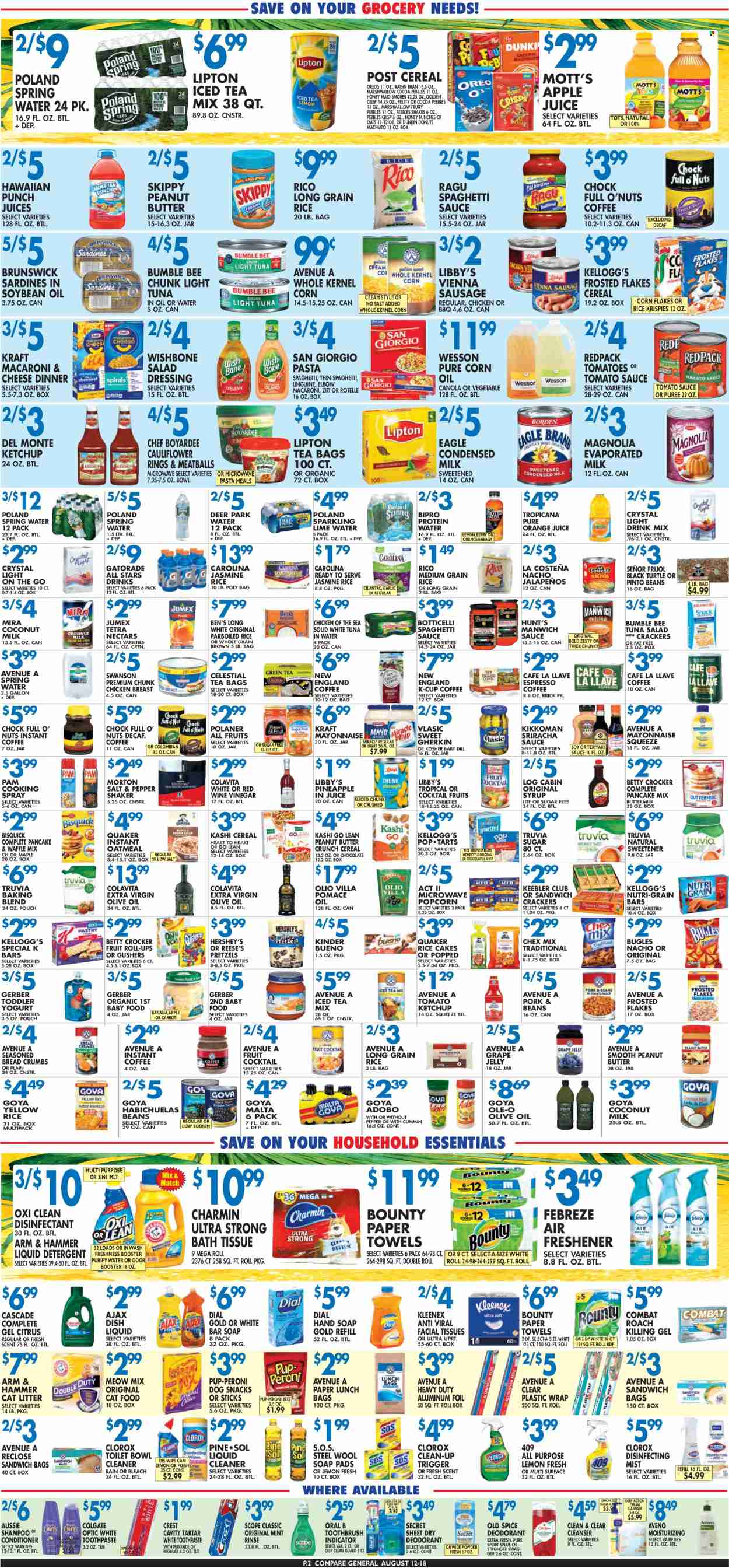 thumbnail - Compare Foods Flyer - 08/12/2022 - 08/18/2022 - Sales products - pretzels, donut, breadcrumbs, garlic, tomatoes, pineapple, Mott's, sardines, macaroni & cheese, spaghetti, meatballs, pasta, Bumble Bee, pancakes, Quaker, Kraft®, spaghetti sauce, sausage, vienna sausage, tuna salad, yoghurt, buttermilk, evaporated milk, condensed milk, shake, Reese's, Hershey's, marshmallows, chocolate, snack, Bounty, jelly, crackers, Kellogg's, Kinder Bueno, Keebler, Gerber, popcorn, Chex Mix, ARM & HAMMER, Bisquick, oatmeal, sweetener, coconut milk, tomato sauce, tuna in water, pinto beans, light tuna, Chicken of the Sea, Goya, Manwich, Chef Boyardee, Del Monte, cereals, corn flakes, Rice Krispies, Frosted Flakes, Fruity Pebbles, Raisin Bran, Honey Maid, Nutri-Grain, jasmine rice, parboiled rice, long grain rice, medium grain rice, cilantro, dill, spice, adobo sauce, salad dressing, sriracha, ketchup, Kikkoman, dressing, teriyaki sauce, ragu, cooking spray, corn oil, extra virgin olive oil, soya oil, vinegar, wine vinegar, olive oil, grape jelly, syrup, apple juice, orange juice, juice, Lipton, Gatorade, spring water, tea bags, instant coffee, coffee capsules, K-Cups, chicken breasts, cat litter. Page 2.