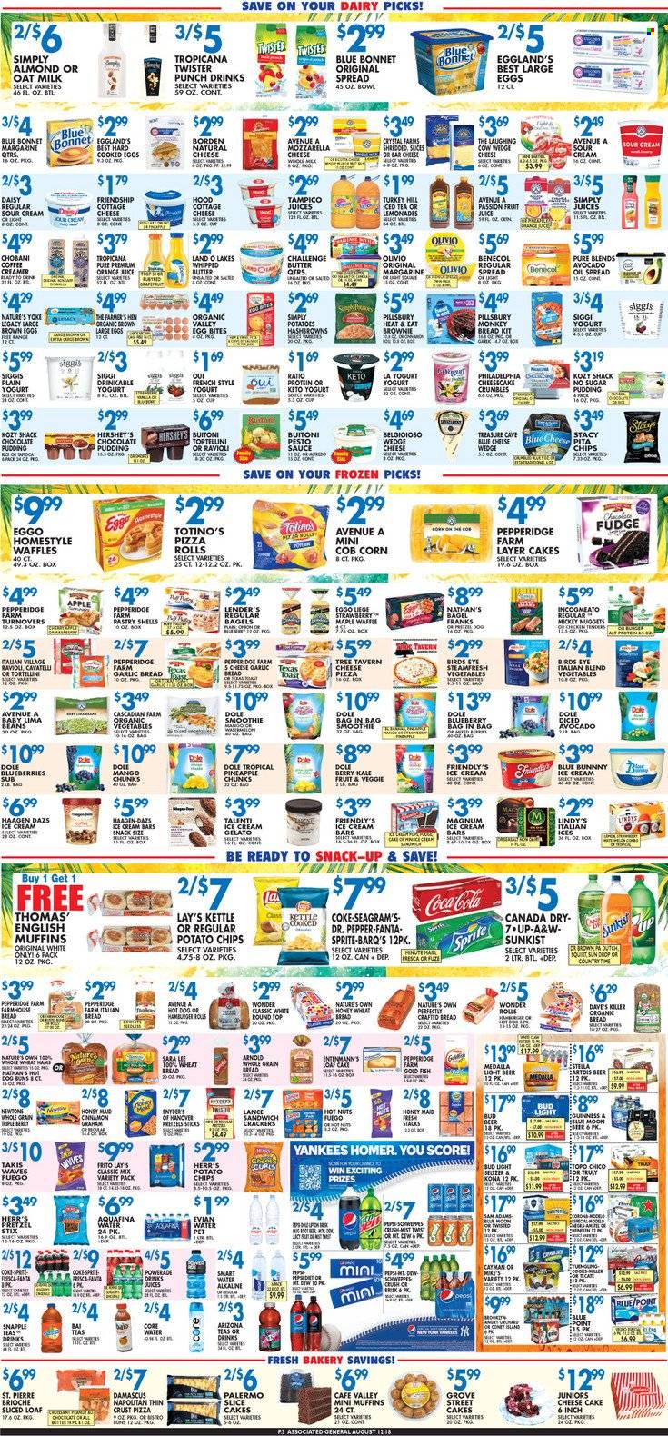 thumbnail - Associated Supermarkets Flyer - 08/12/2022 - 08/18/2022 - Sales products - bagels, english muffins, wheat bread, pretzels, cake, pizza rolls, buns, burger buns, brioche, Sara Lee, turnovers, brownies, waffles, loaf cake, Entenmann's, corn, kale, Dole, grapefruits, watermelon, pineapple, fish, ravioli, pizza, nuggets, hamburger, sauce, tortellini, Pillsbury, Bird's Eye, Buitoni, cottage cheese, Philadelphia, The Laughing Cow, pudding, chocolate pudding, yoghurt, Chobani, milk, Milo, oat milk, large eggs, margarine, whipped butter, sour cream, creamer, ice cream, ice cream bars, ice cream sandwich, Hershey's, Häagen-Dazs, Talenti Gelato, Friendly's Ice Cream, gelato, lima beans, hash browns, fudge, snack, crackers, potato chips, Lay’s, Honey Maid, cinnamon, pesto, avocado oil, oil, Canada Dry, Coca-Cola, Schweppes, Sprite, Powerade, Pepsi, orange juice, juice, Fanta, ice tea, Dr. Pepper, 7UP, AriZona, Snapple, A&W, Bai, Tropicana Twister, Country Time, fruit punch, smoothie, Aquafina, Smartwater, Evian, Hard Seltzer, TRULY, beer, Bud Light, Corona Extra, Guinness, Miller, Modelo, pet bed, bowl, Nature's Own, Coors, Blue Moon. Page 3.
