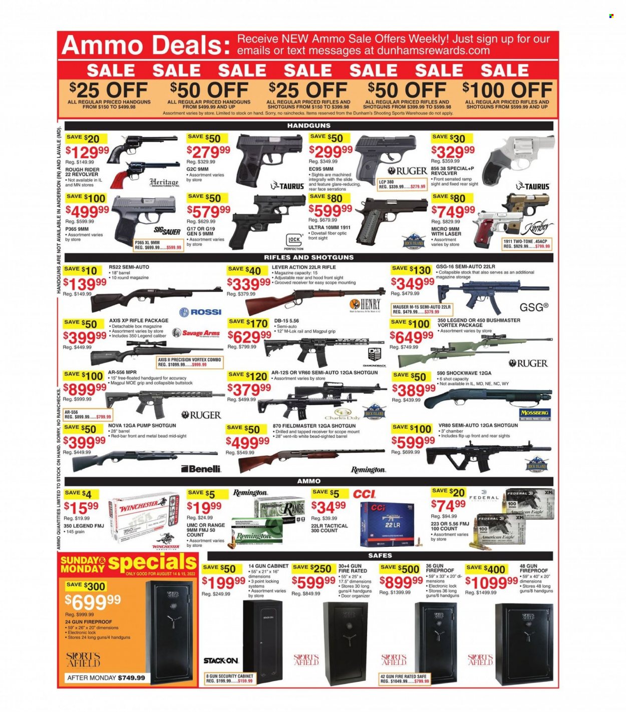 thumbnail - Dunham's Sports Flyer - 08/13/2022 - 08/18/2022 - Sales products - American Eagle, shorts, Remington, rifle, Ruger, security cabinet, shotgun, SIG Sauer, gun, savage, Magpul, scope, scope mount, ammo. Page 4.