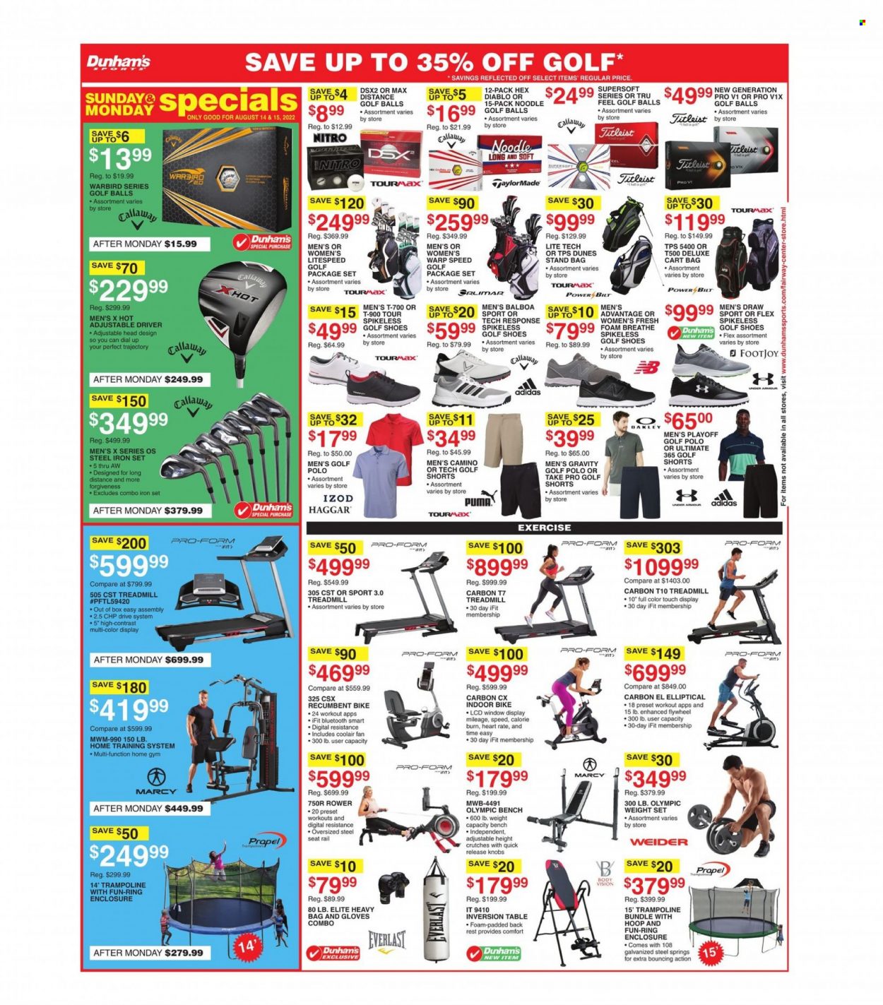 thumbnail - Dunham's Sports Flyer - 08/13/2022 - 08/18/2022 - Sales products - Adidas, Callaway, shoes, Puma, Everlast, shorts, treadmill, heavy bag, home training system, trampoline, golf balls, golf iron set. Page 6.