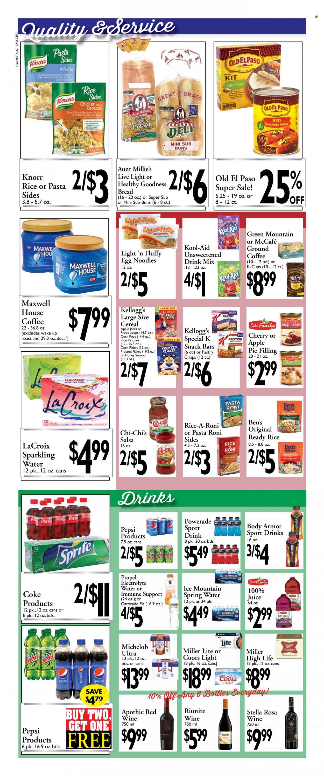 thumbnail - Harding's Markets Flyer - 08/14/2022 - 08/27/2022 - Sales products - bread, buns, Old El Paso, Knorr, noodles, pasta sides, snack, Kellogg's, snack bar, apple pie filling, pie filling, cereals, corn flakes, Rice Krispies, Frosted Flakes, Corn Pops, egg noodles, salsa, Coca-Cola, Powerade, Pepsi, juice, Body Armor, Gatorade, spring water, sparkling water, Ice Mountain, Maxwell House, coffee, ground coffee, coffee capsules, McCafe, K-Cups, Green Mountain, red wine, wine, beer, Miller Lite, Coors, Michelob. Page 4.
