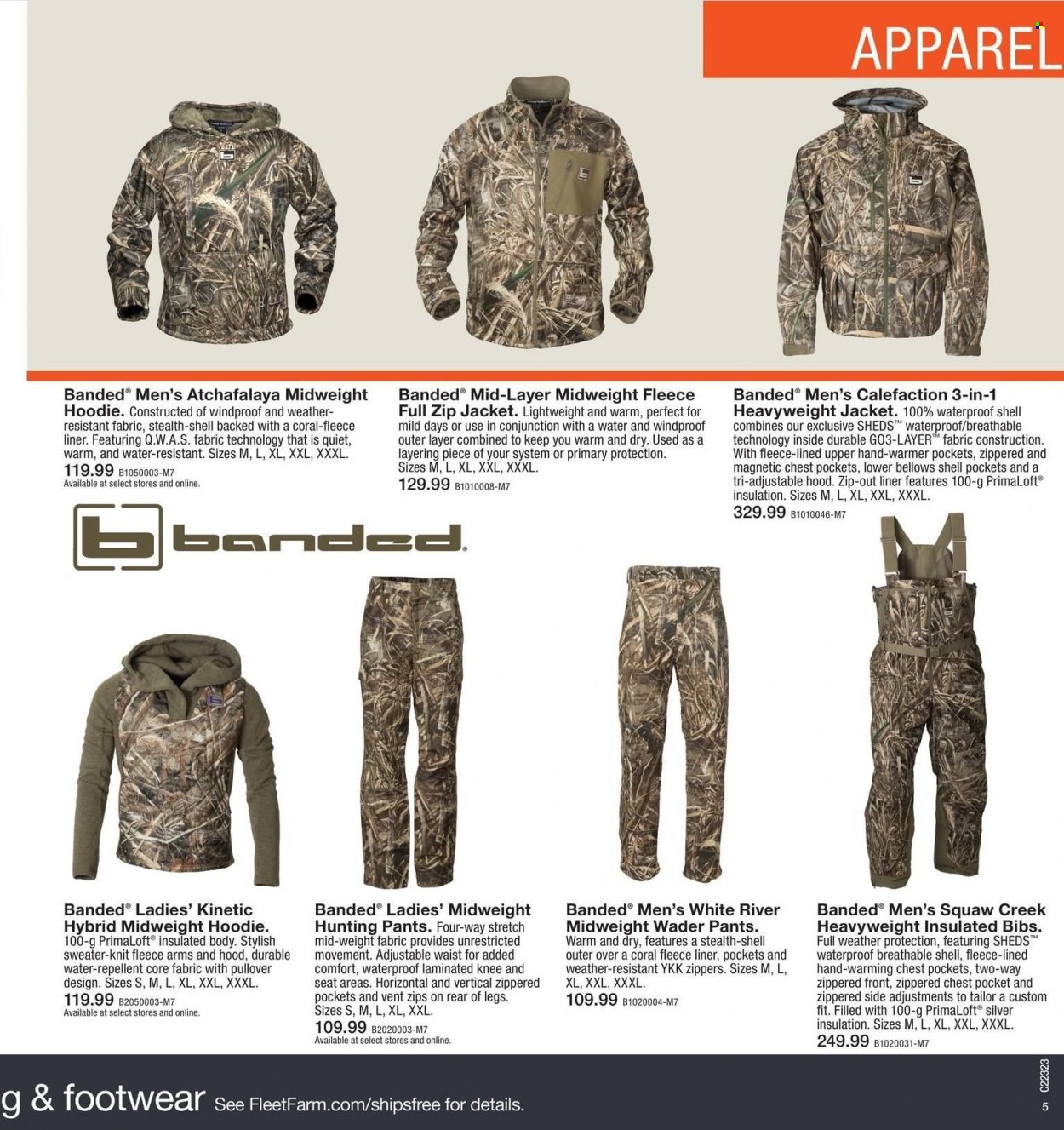 thumbnail - Fleet Farm Flyer - 08/08/2022 - 11/28/2022 - Sales products - pants, repellent, hoodie, jacket, sweater, pullover, Wader, Shell. Page 5.