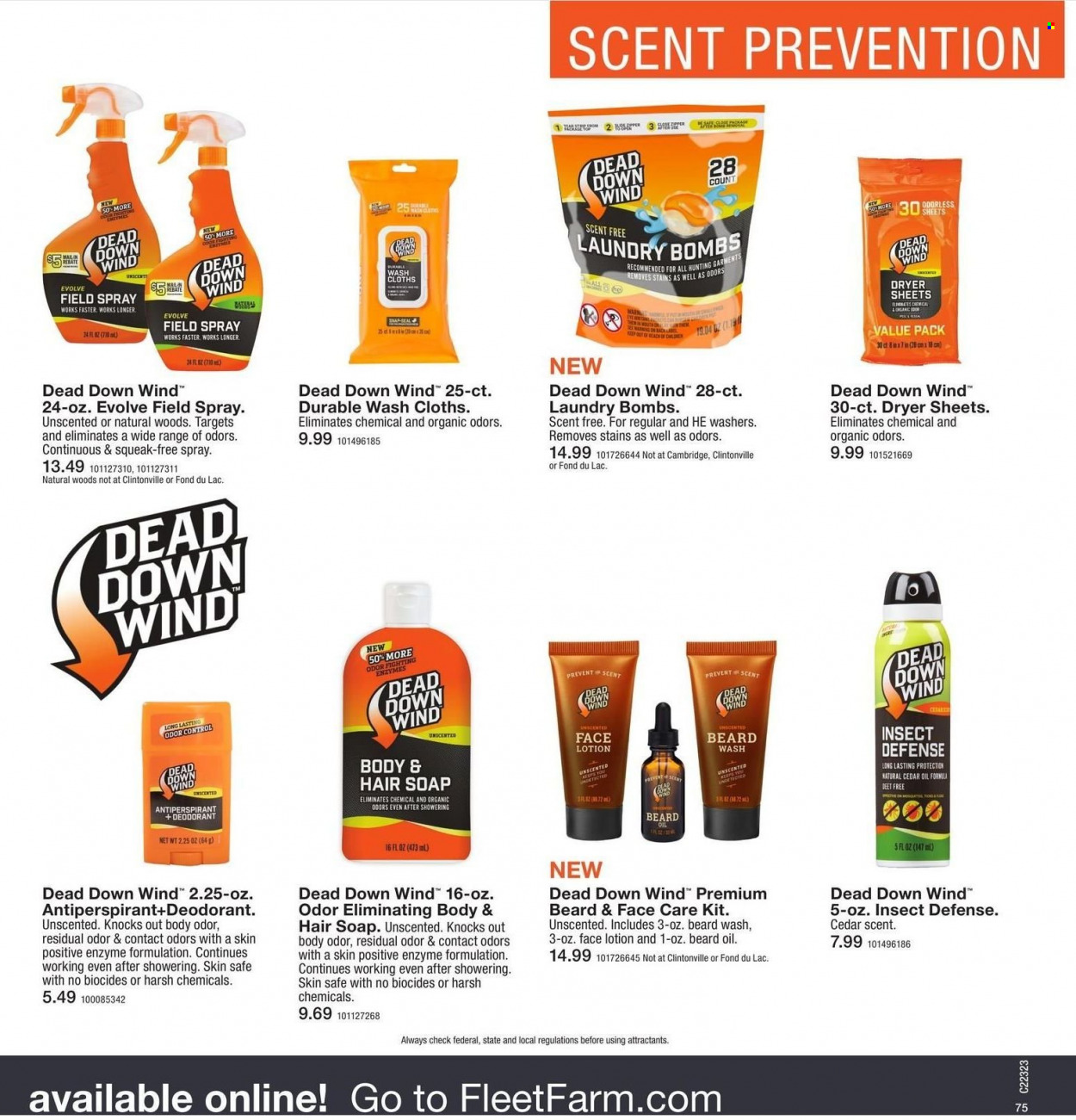 thumbnail - Fleet Farm Flyer - 08/08/2022 - 11/28/2022 - Sales products - oil, dryer sheets, soap, beard oil, body lotion, anti-perspirant, deodorant. Page 75.