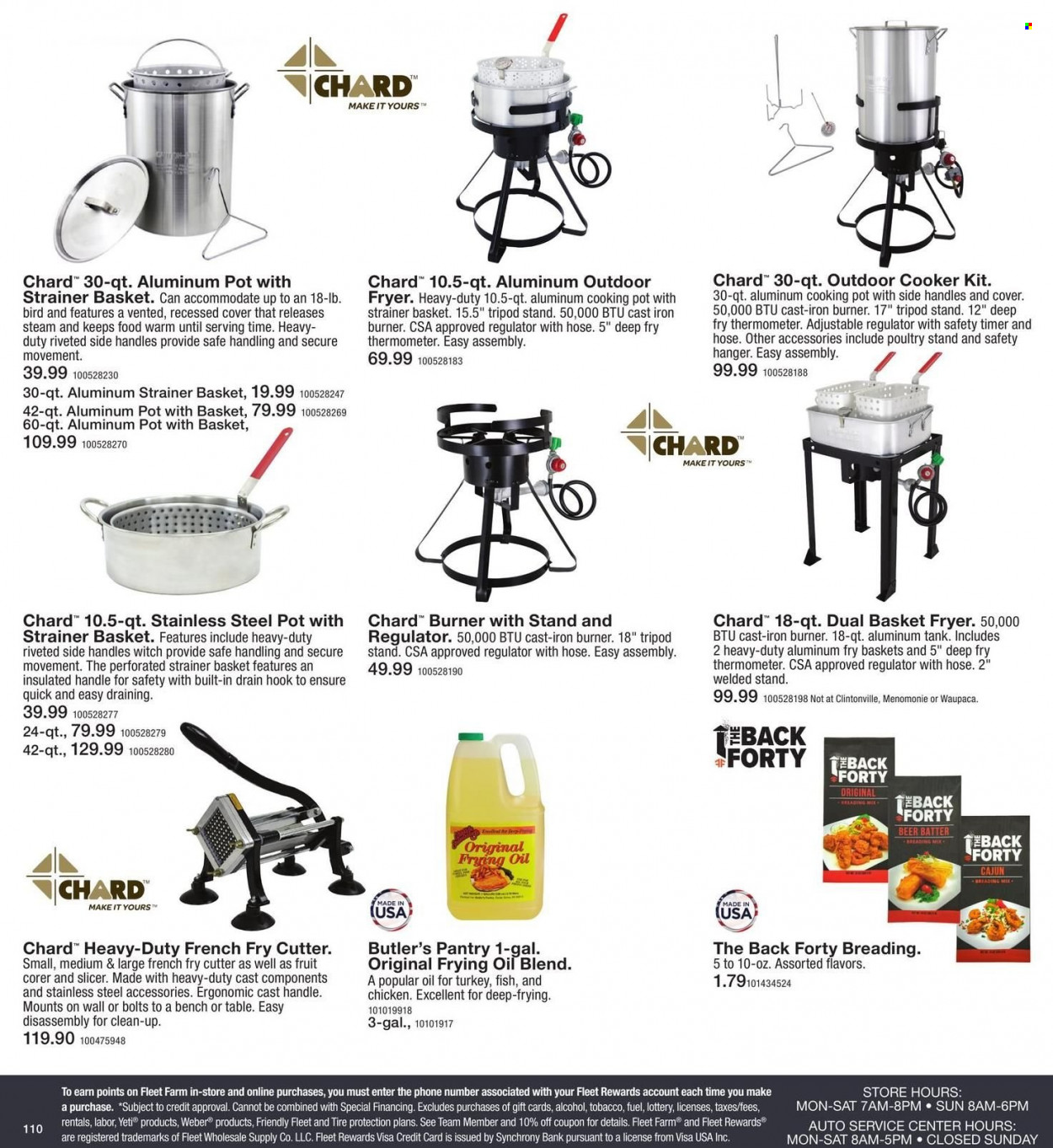 thumbnail - Fleet Farm Flyer - 08/08/2022 - 11/28/2022 - Sales products - oil, beer, thermometer, hanger, pot, slicer, cutter, tank, tripod, tripod stand, outdoor cooker, table, chard. Page 110.