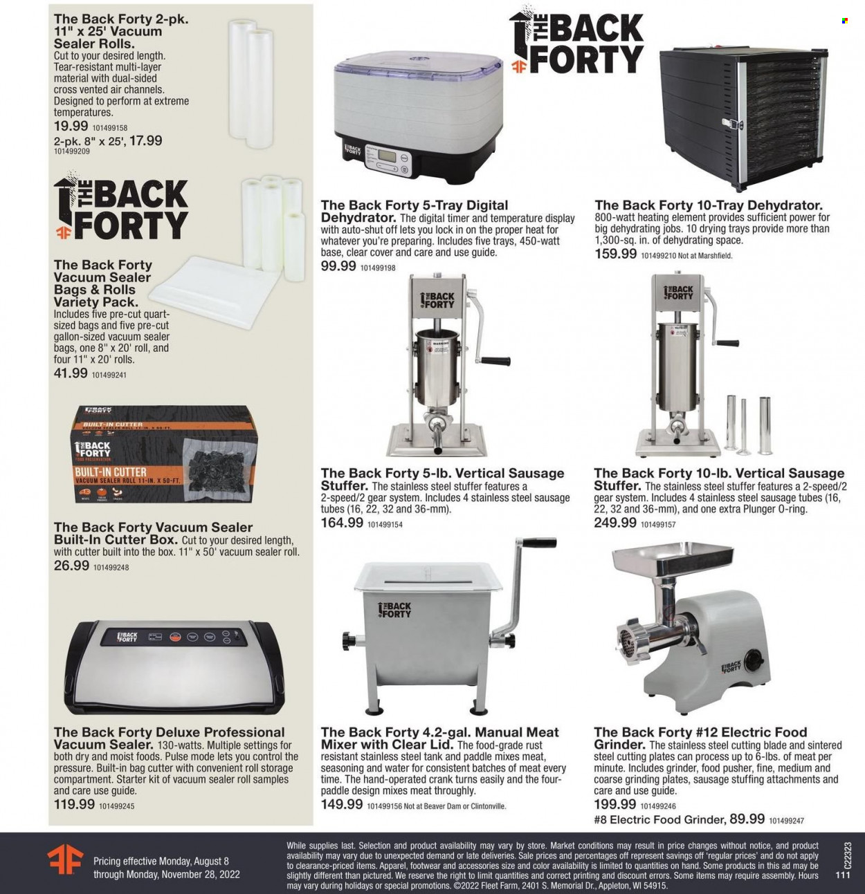 thumbnail - Fleet Farm Flyer - 08/08/2022 - 11/28/2022 - Sales products - spice, vacuum sealer, gallon, lid, plate, cutter, tank, grinder. Page 111.