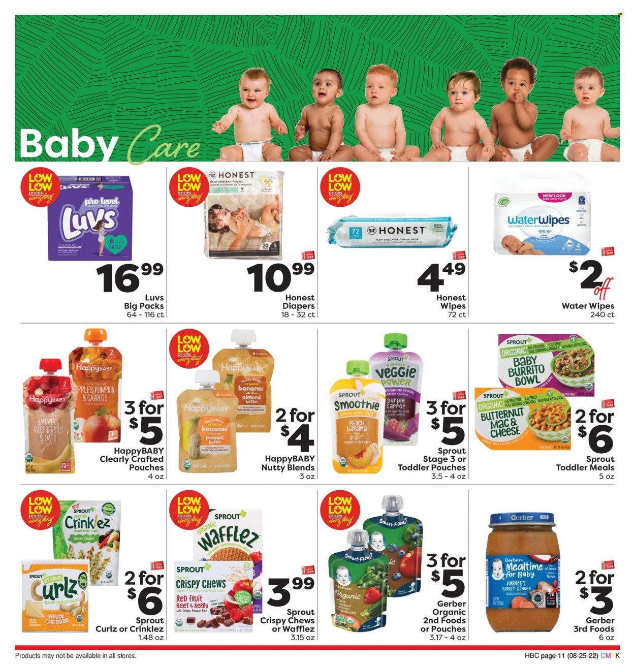 thumbnail - Weis Flyer - 08/25/2022 - 10/05/2022 - Sales products - carrots, zucchini, organic bananas, sauce, burrito, cheddar, yoghurt, almond butter, snack, crispy chews, Gerber, brown rice, peanut butter, smoothie, baby food pouch, Purity, wipes, baby wipes, nappies, straw, bowl, plant seeds, butternut squash. Page 11.