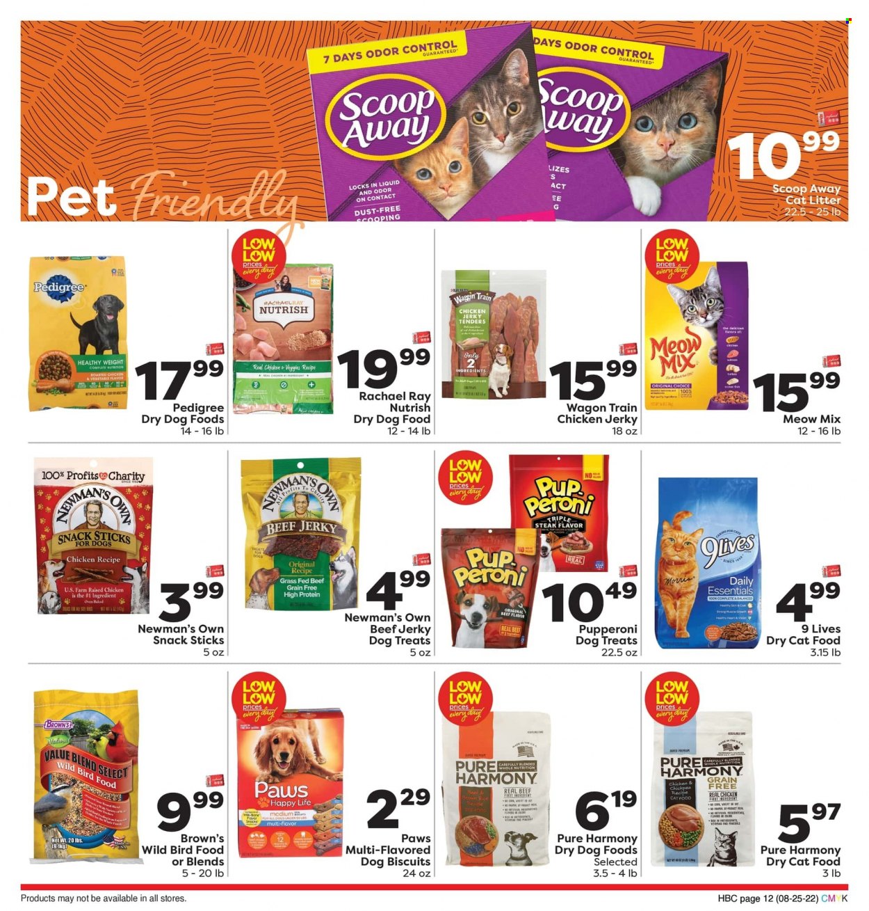 thumbnail - Weis Flyer - 08/25/2022 - 10/05/2022 - Sales products - corn, steak, fish, chicken roast, beef jerky, jerky, milk, snack, 7 Days, olives, brown rice, rice, Peroni, animal food, cat litter, dry dog food, Paws, animal treats, bird food, cat food, dog food, dog biscuits, Pedigree, dry cat food, Meow Mix, Pure Harmony, Nutrish, wagon, train. Page 12.